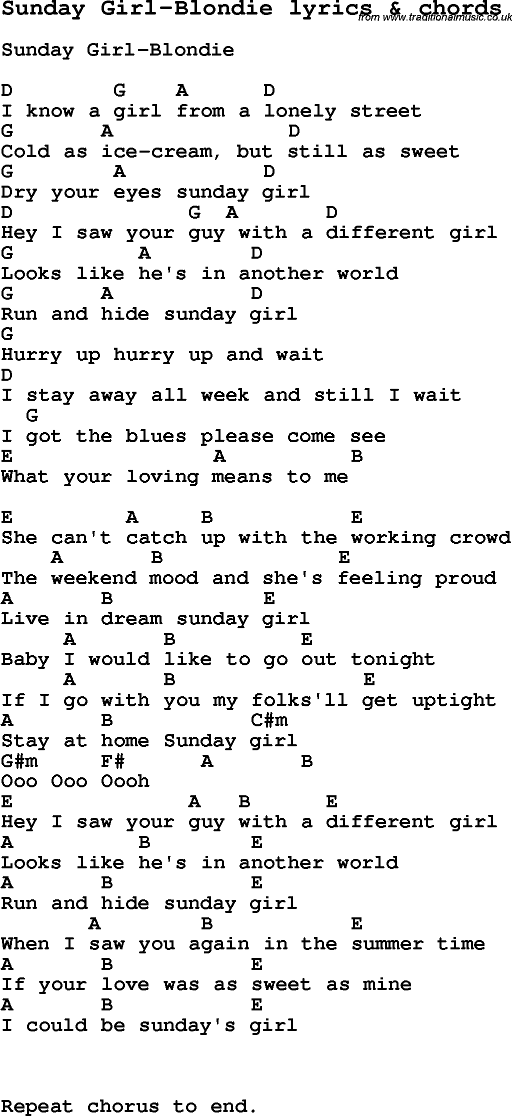 Love Song Lyrics for: Sunday Girl-Blondie with chords for Ukulele, Guitar Banjo etc.