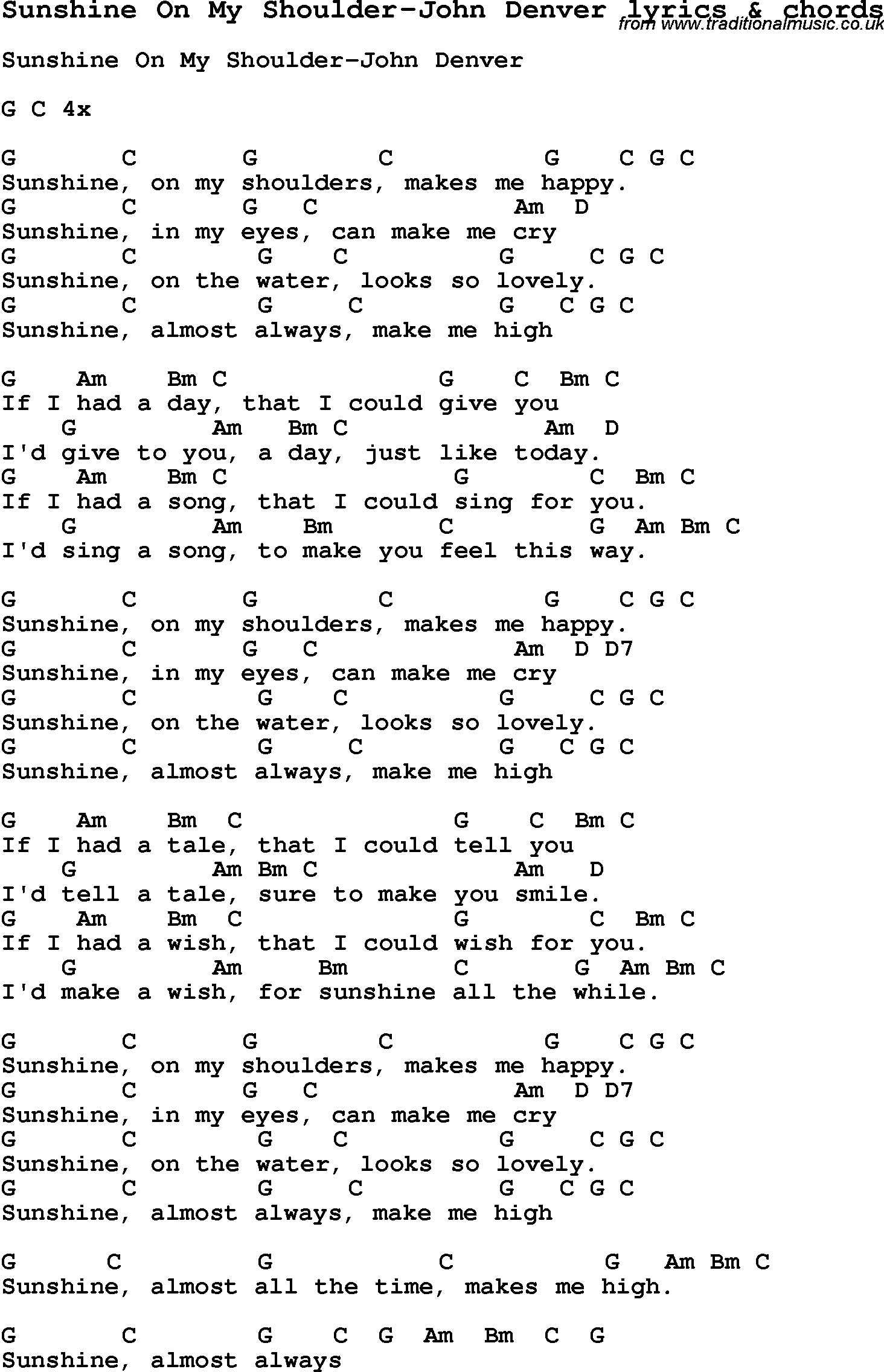 Love Song Lyrics for: Sunshine On My Shoulder-John Denver with chords for Ukulele, Guitar Banjo etc.