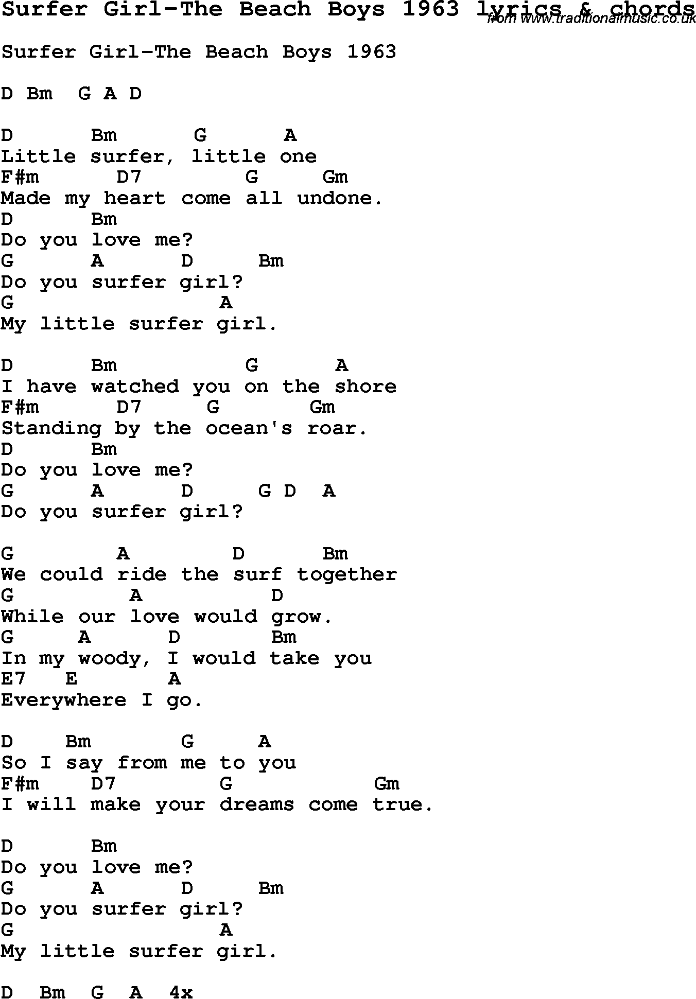 Love Song Lyrics for: Surfer Girl-The Beach Boys 1963 with chords for Ukulele, Guitar Banjo etc.