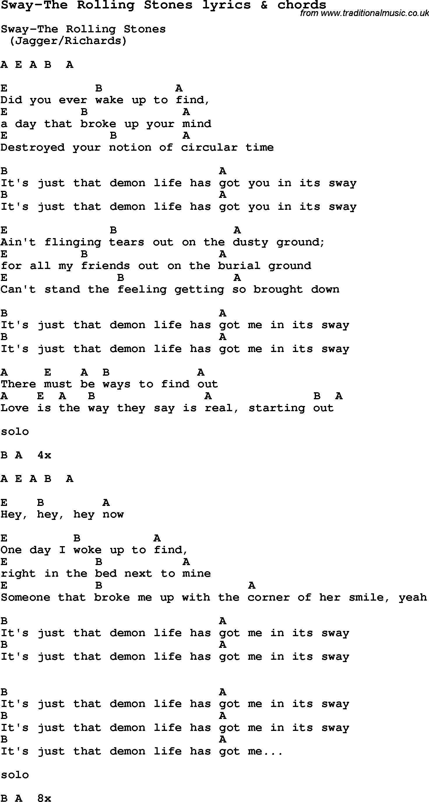 Love Song Lyrics For Sway The Rolling Stones With Chords G don't get too close. traditional music library