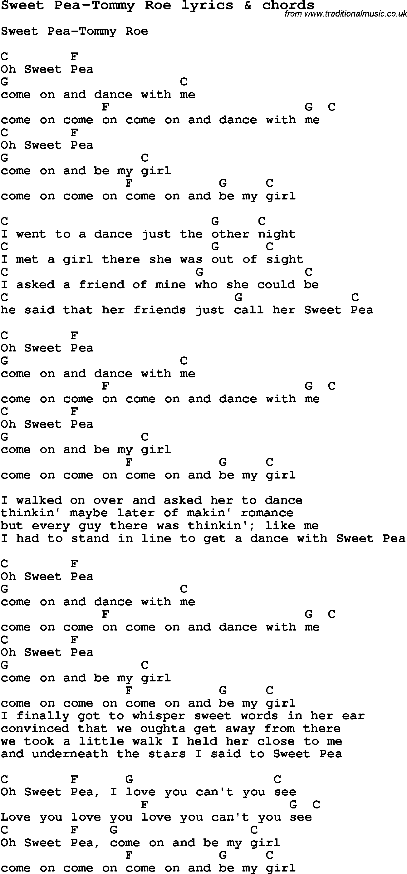 Love Song Lyrics for: Sweet Pea-Tommy Roe with chords for Ukulele, Guitar Banjo etc.