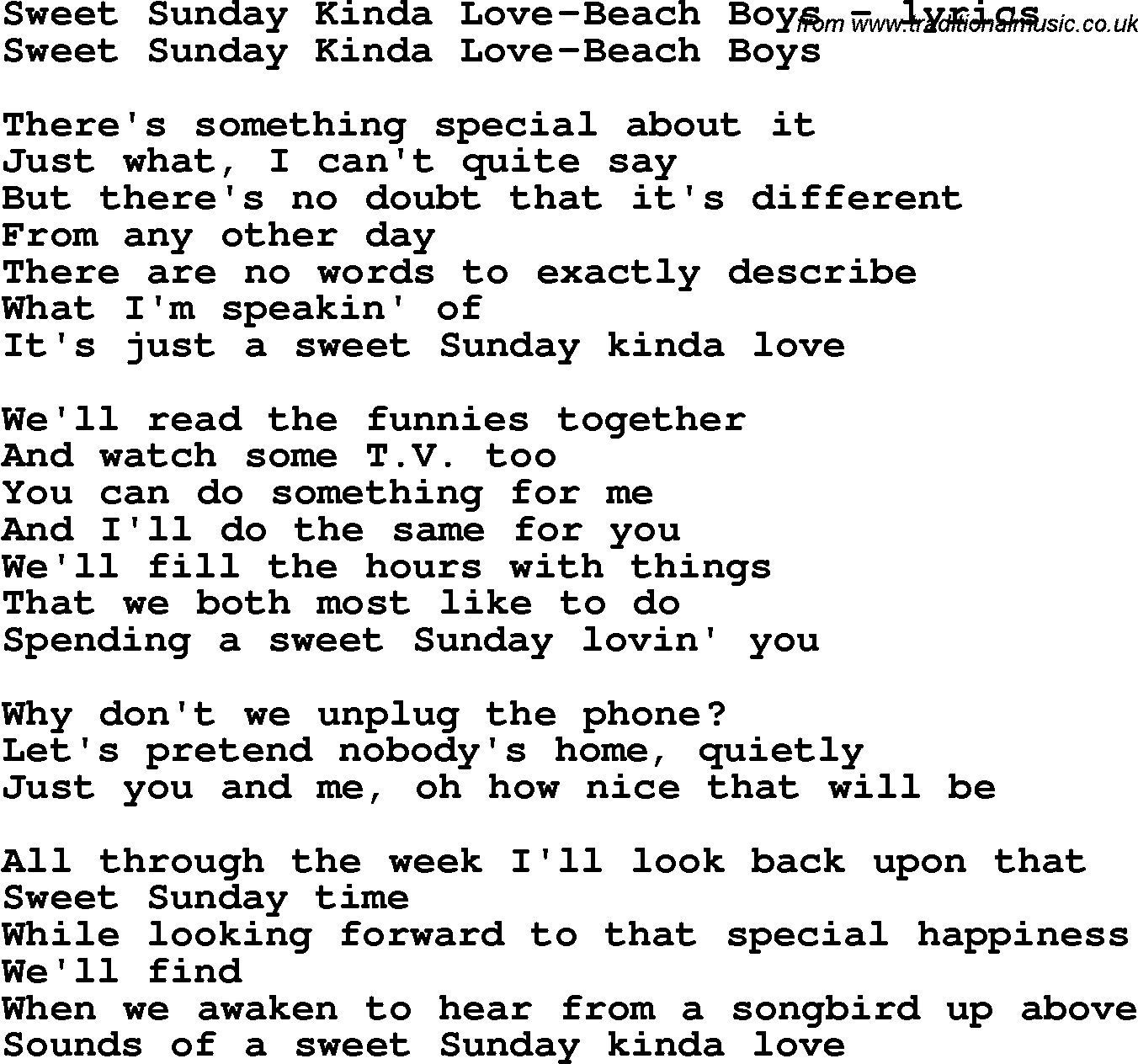 Love Song Lyrics for: Sweet Sunday Kinda Love-Beach Boys