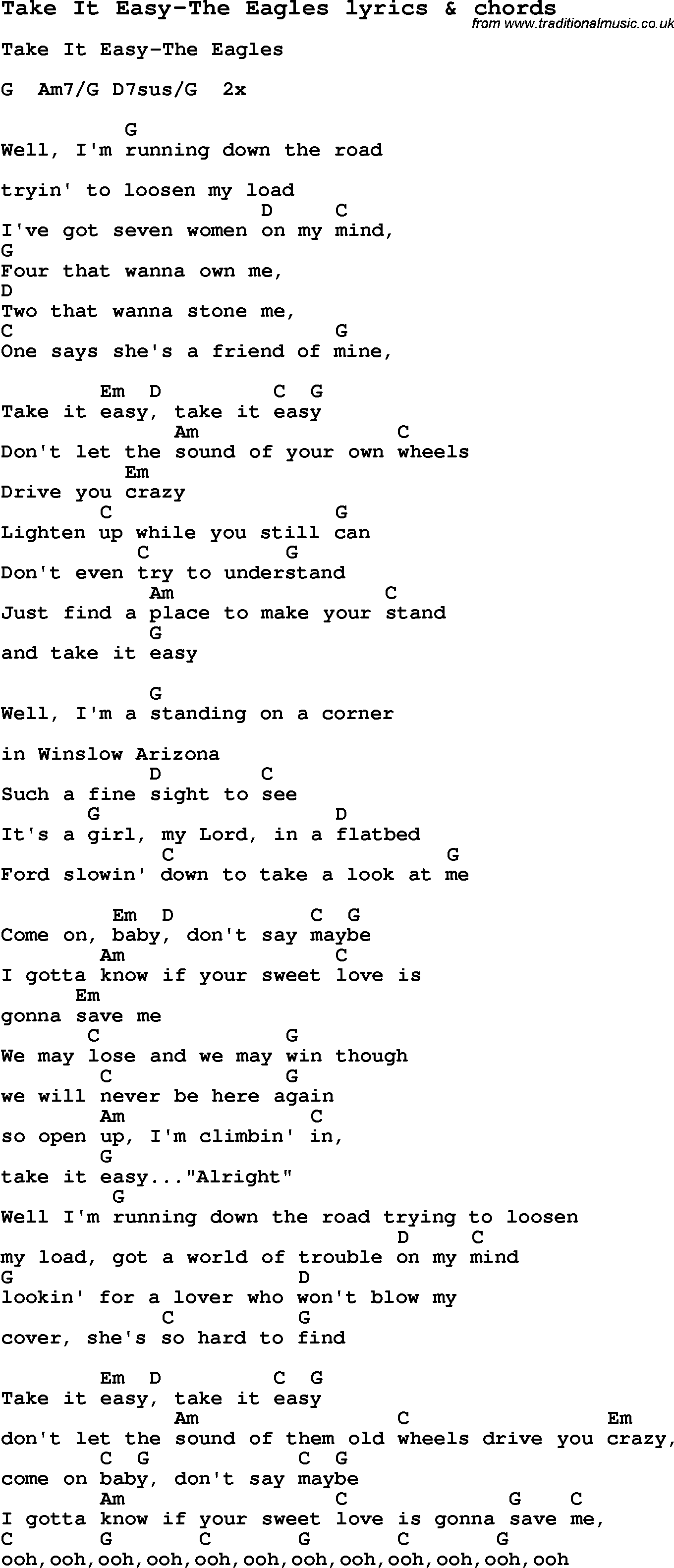 Love Song Lyrics for: Take It Easy-The Eagles with chords for Ukulele, Guitar Banjo etc.