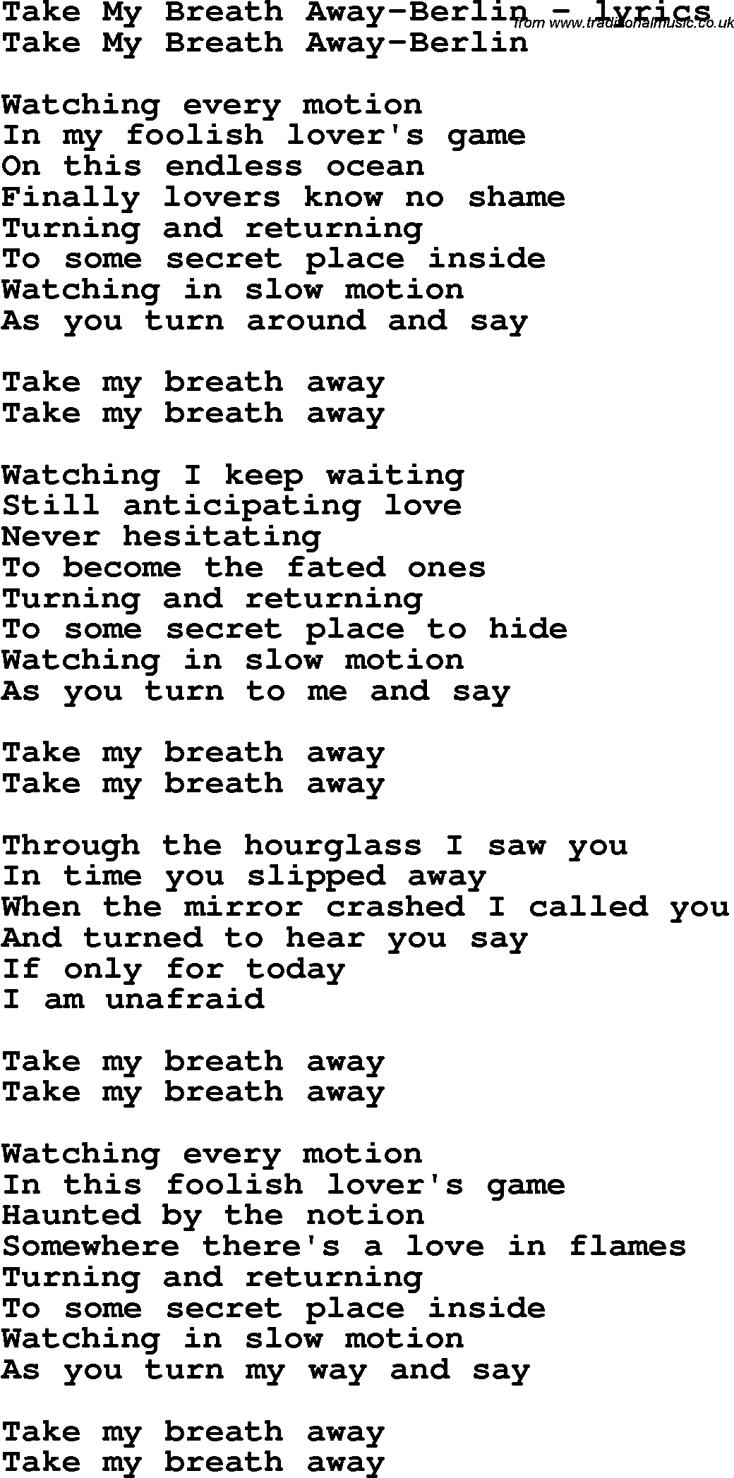 Love Song Lyrics for: Take My Breath Away-Berlin