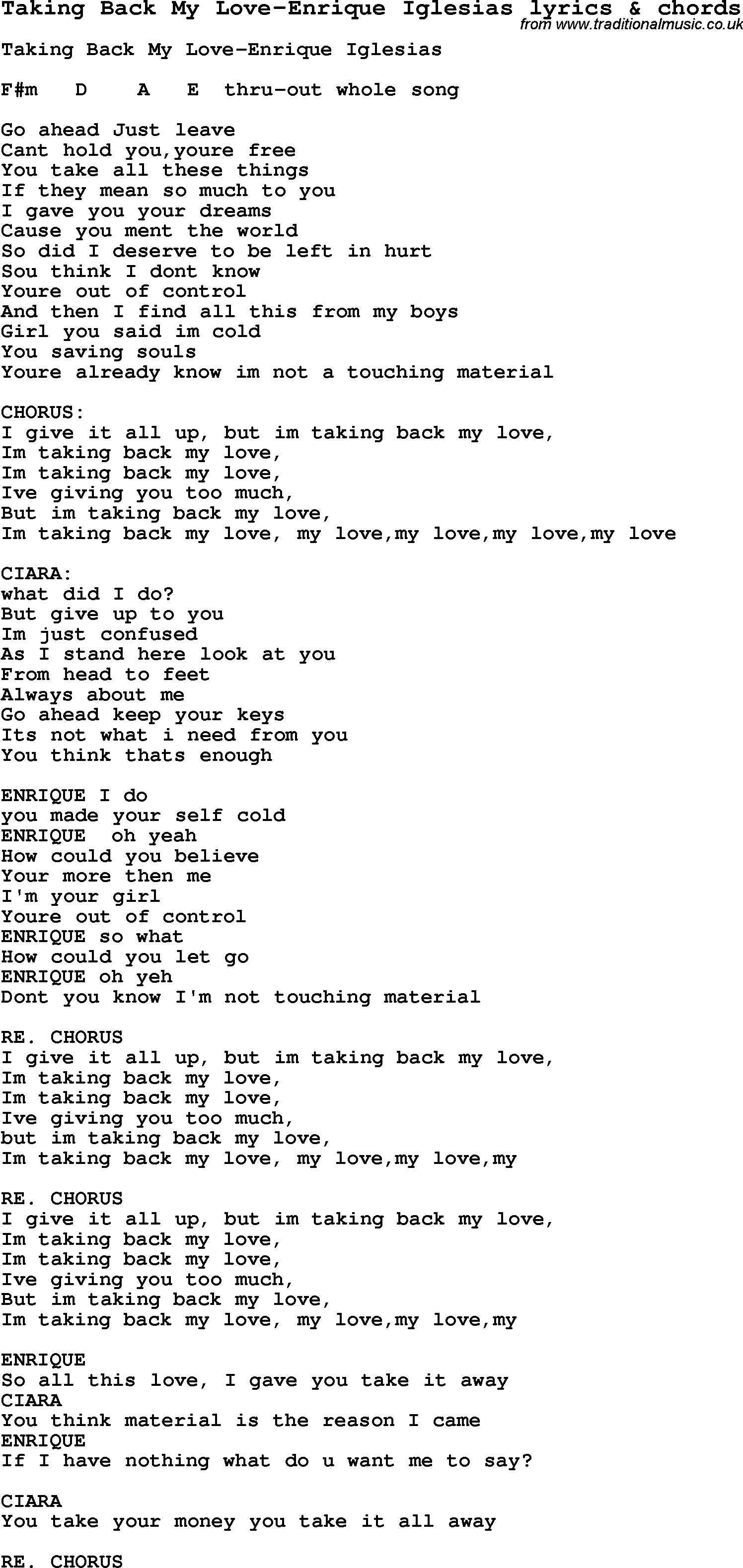 Love Song Lyrics for: Taking Back My Love-Enrique Iglesias with chords for Ukulele, Guitar Banjo etc.