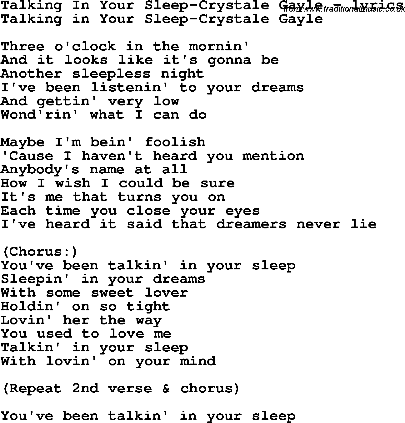 Love Song Lyrics for: Talking In Your Sleep-Crystale Gayle