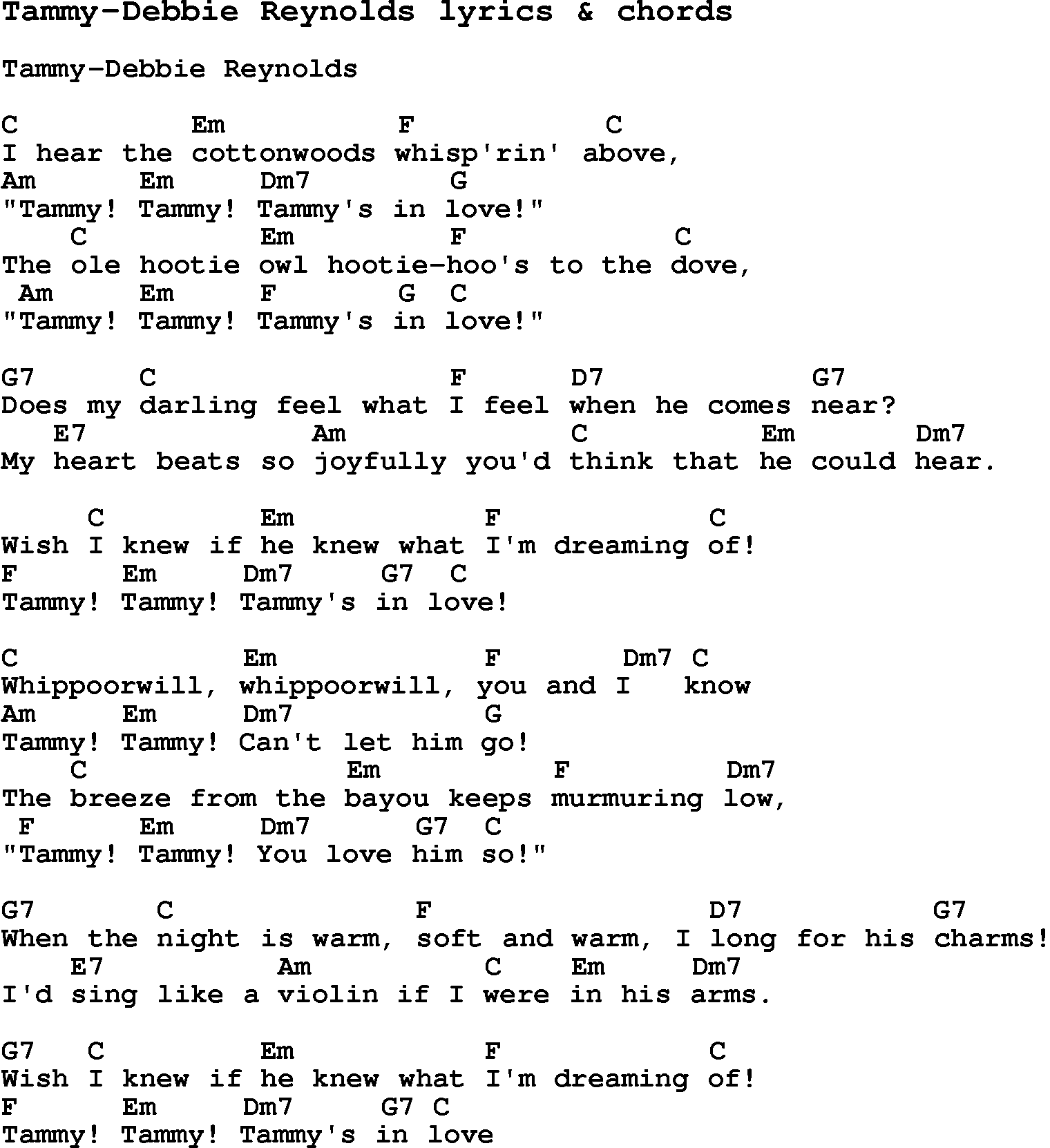 Love Song Lyrics for: Tammy-Debbie Reynolds with chords for Ukulele, Guitar Banjo etc.