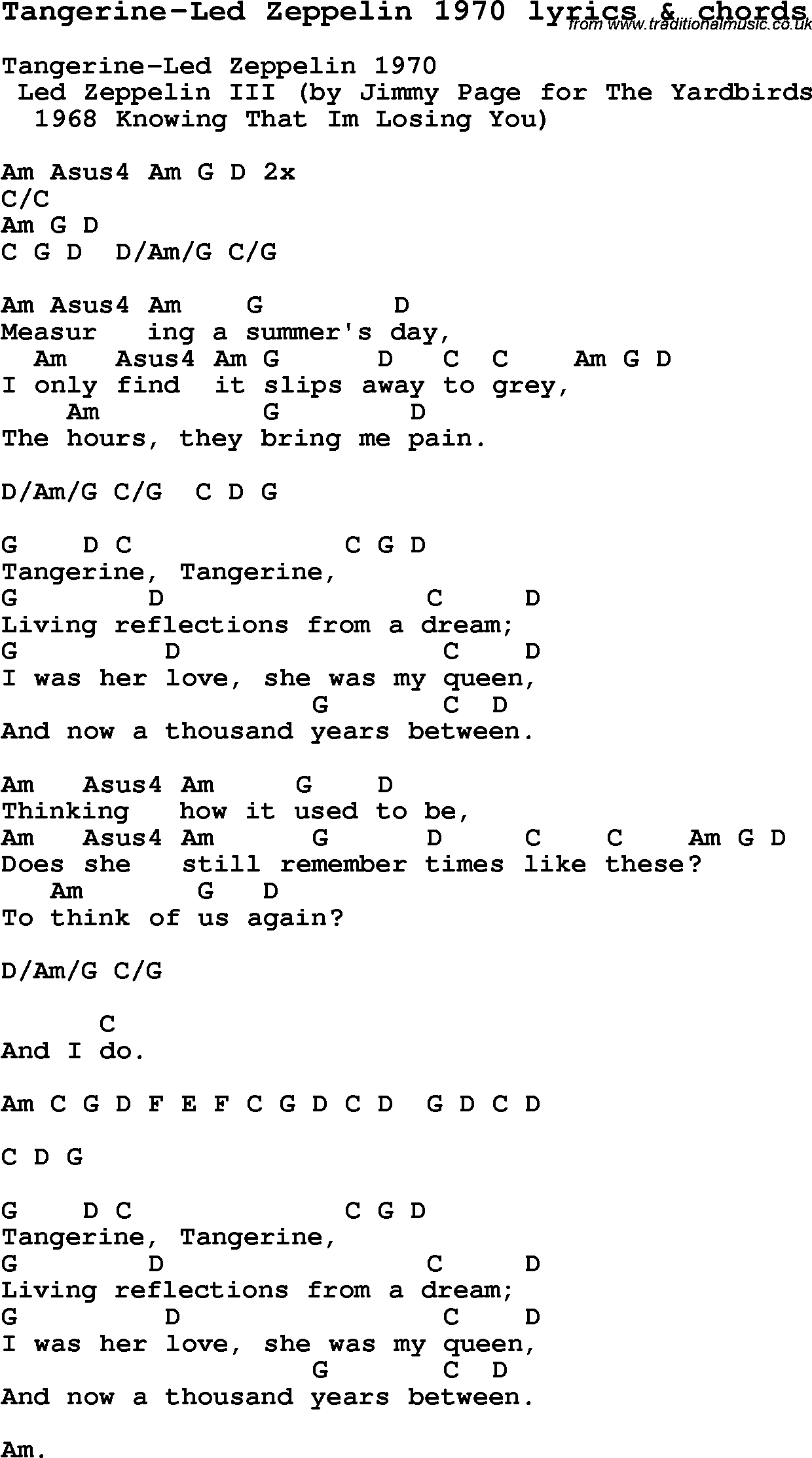 Love Song Lyrics for: Tangerine-Led Zeppelin 1970 with chords for Ukulele, Guitar Banjo etc.