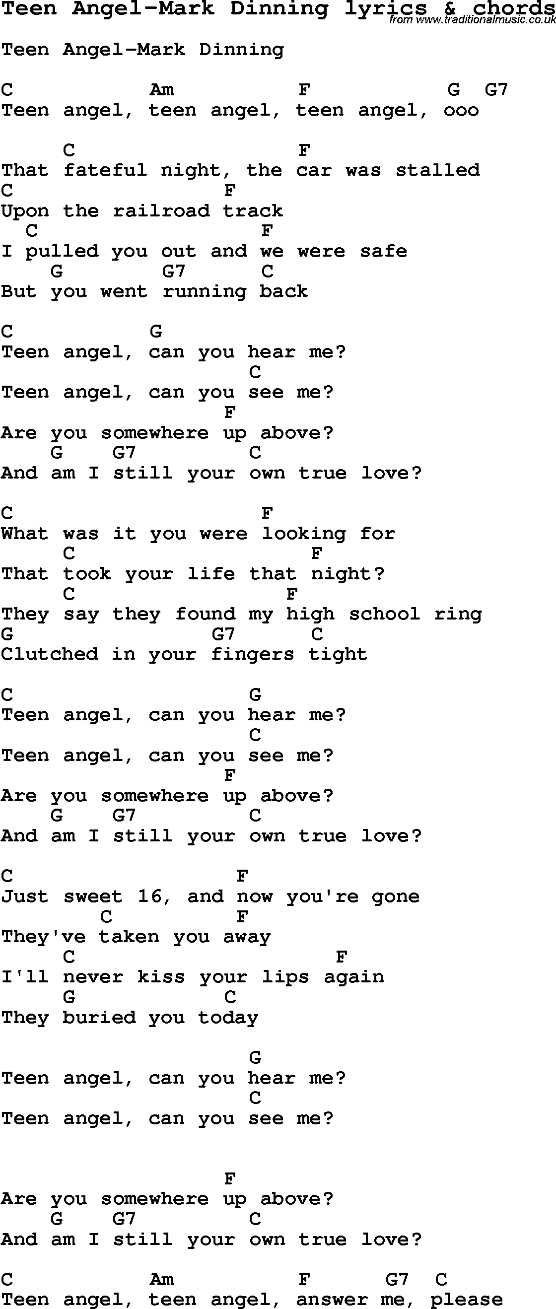 Love Song Lyrics for: Teen Angel-Mark Dinning with chords for Ukulele, Guitar Banjo etc.
