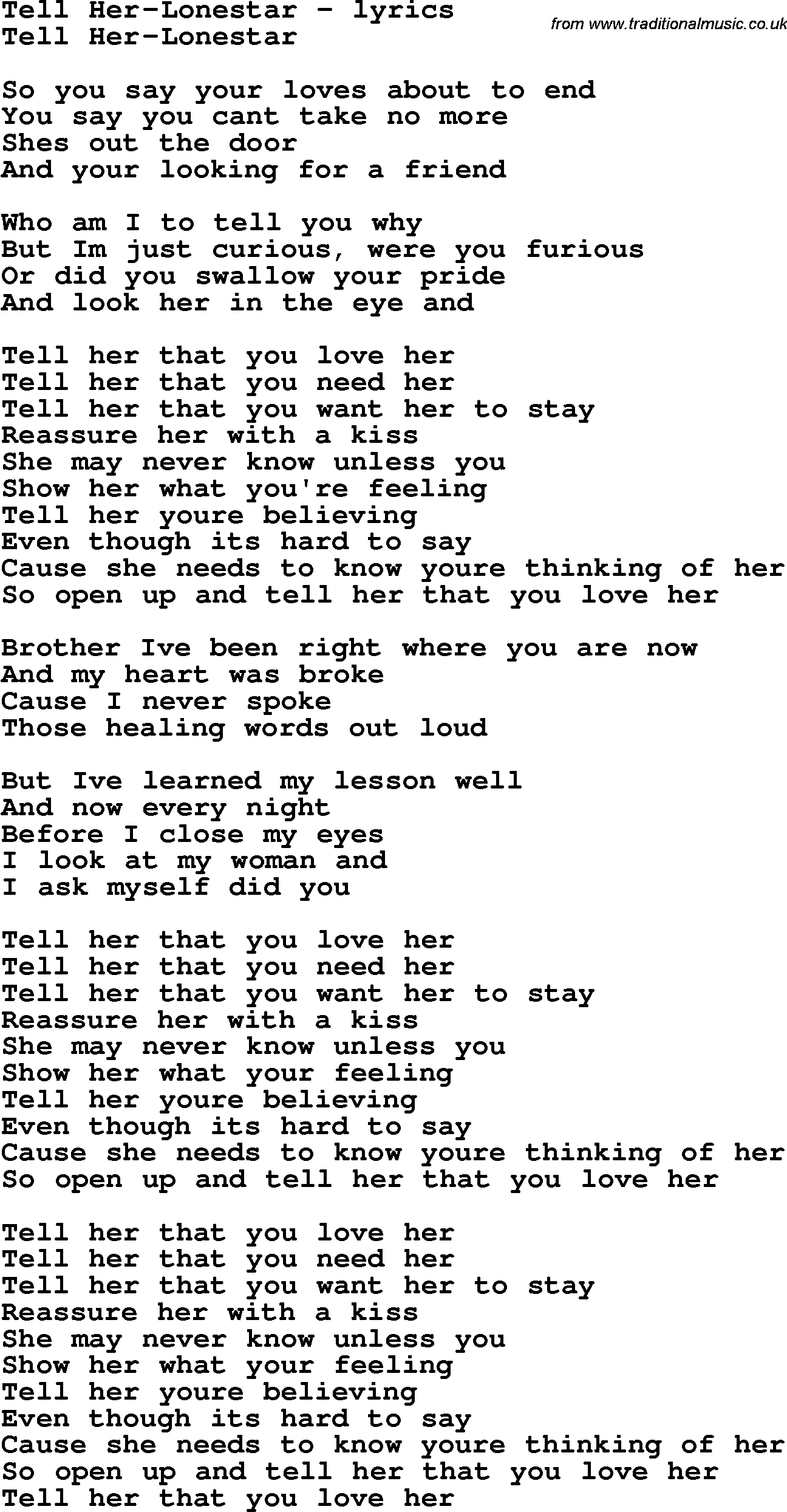 Love Song Lyrics for: Tell Her-Lonestar