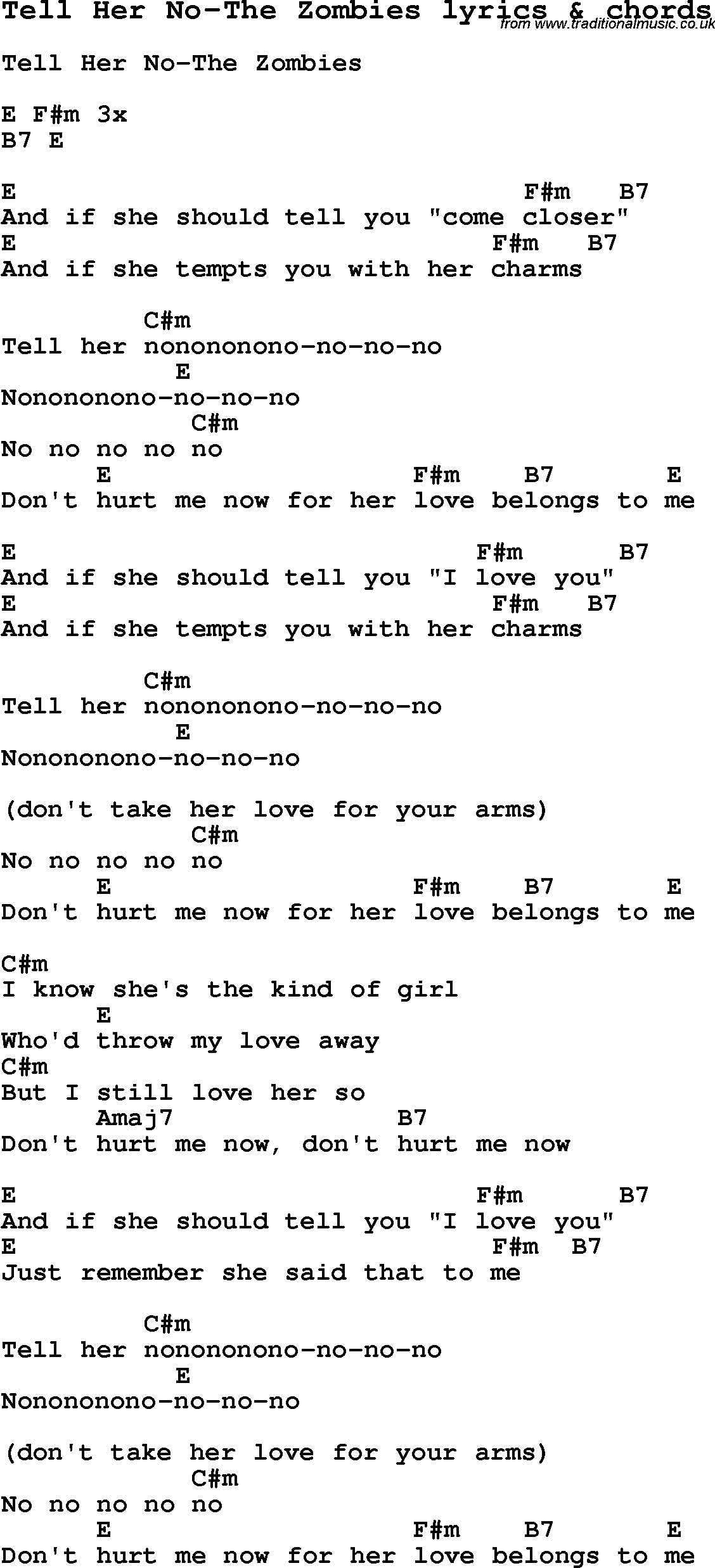 Love Song Lyrics for: Tell Her No-The Zombies with chords for Ukulele, Guitar Banjo etc.