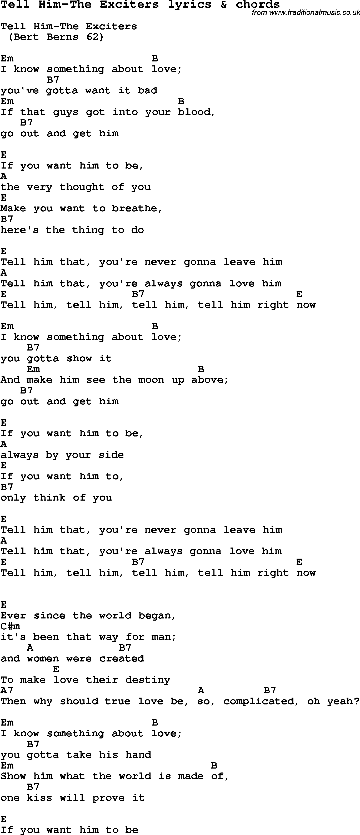 Love Song Lyrics for: Tell Him-The Exciters with chords for Ukulele ...