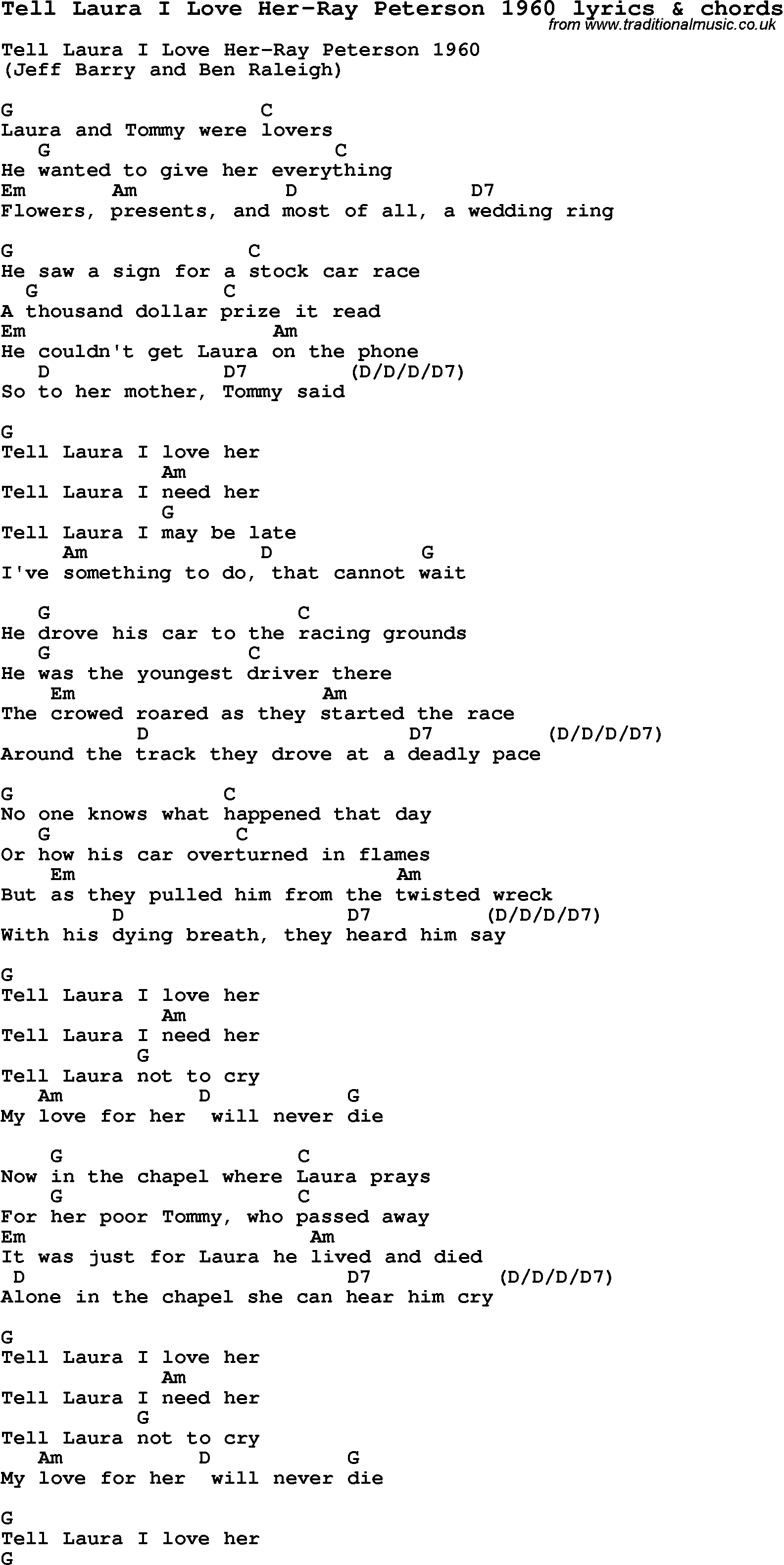 Love Song Lyrics for: Tell Laura I Love Her-Ray Peterson 1960 with chords for Ukulele, Guitar Banjo etc.