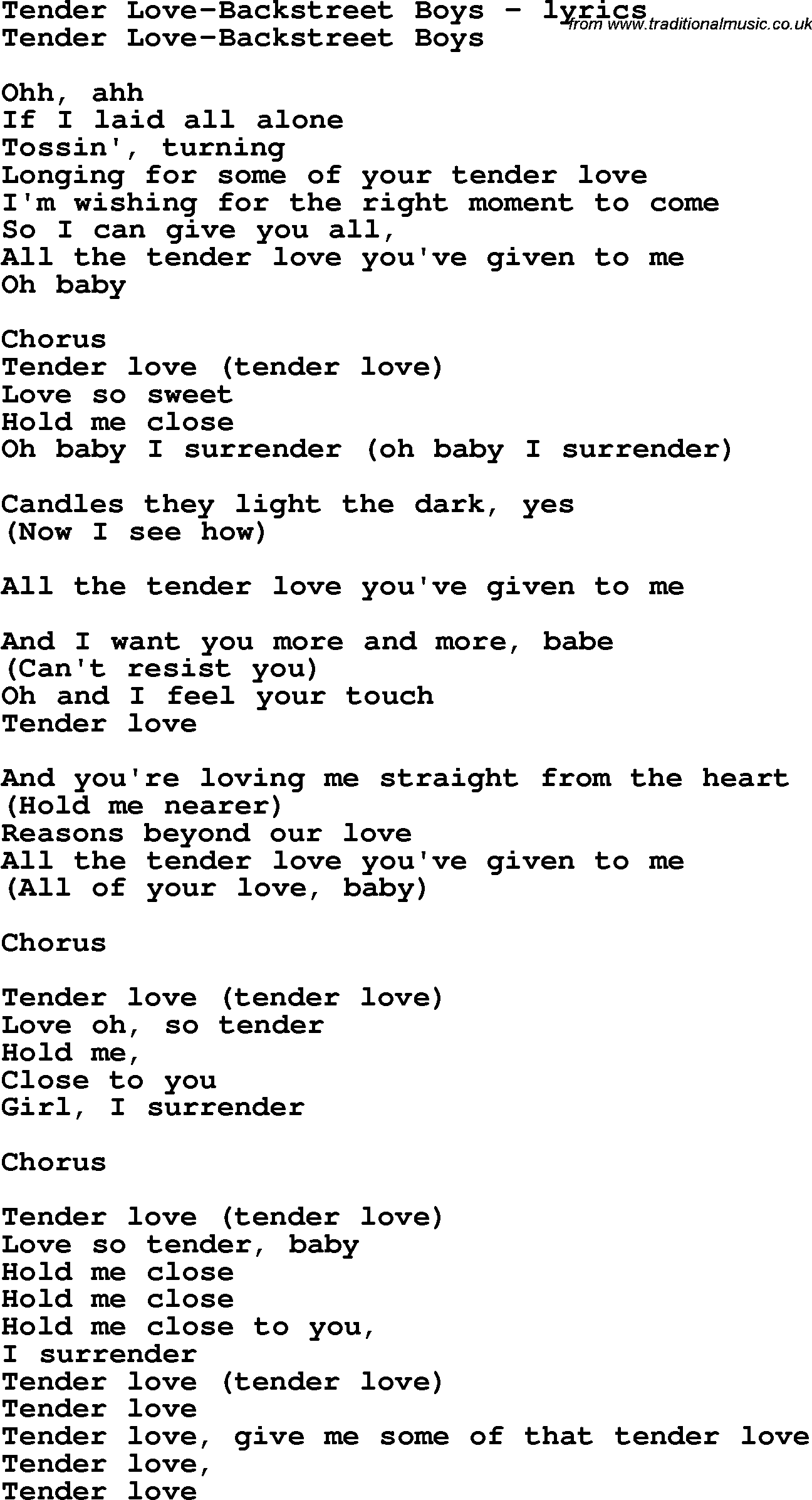 Love Song Lyrics for: Tender Love-Backstreet Boys