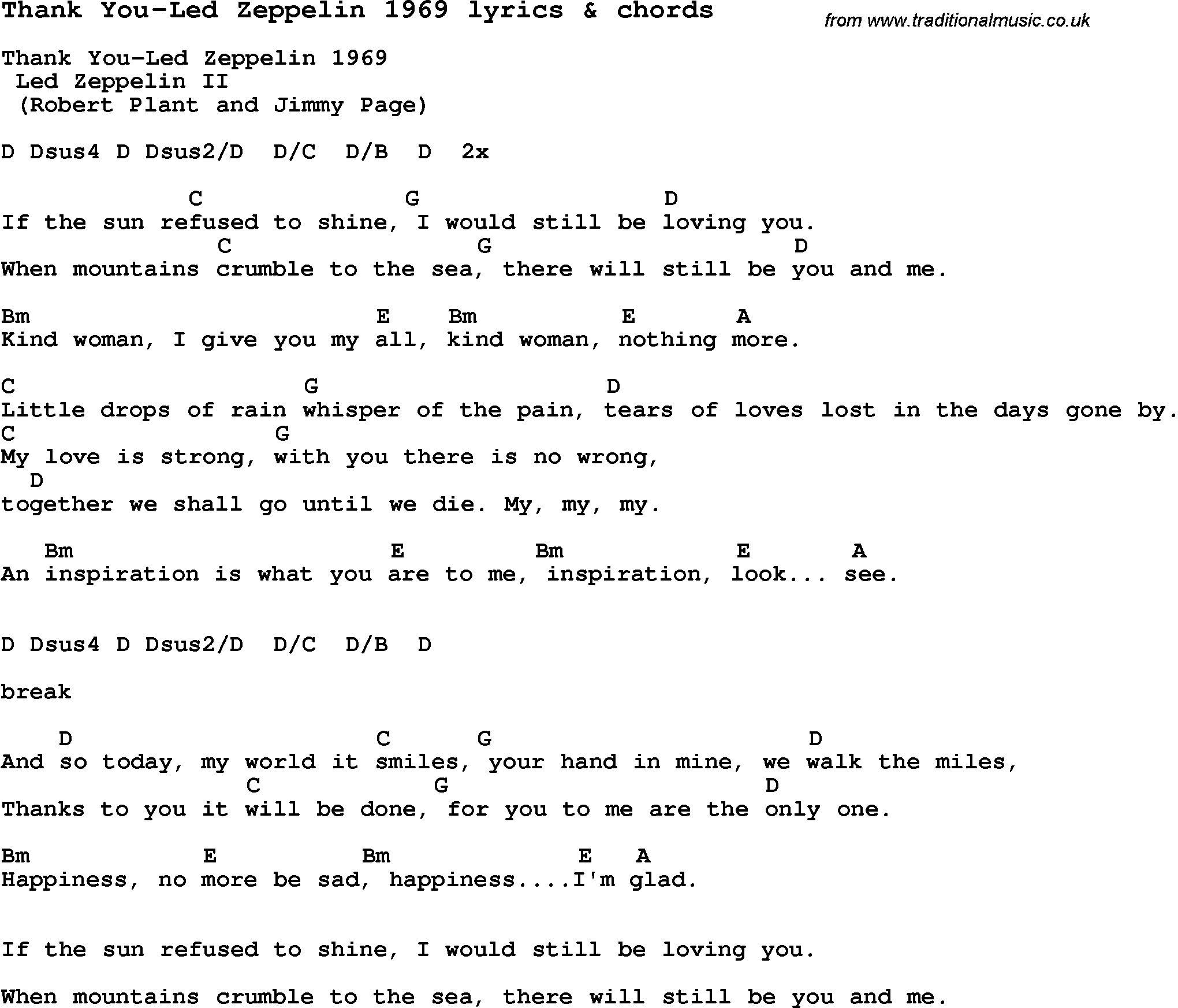 Love Song Lyrics for: Thank You-Led Zeppelin 1969 with chords for Ukulele, Guitar Banjo etc.