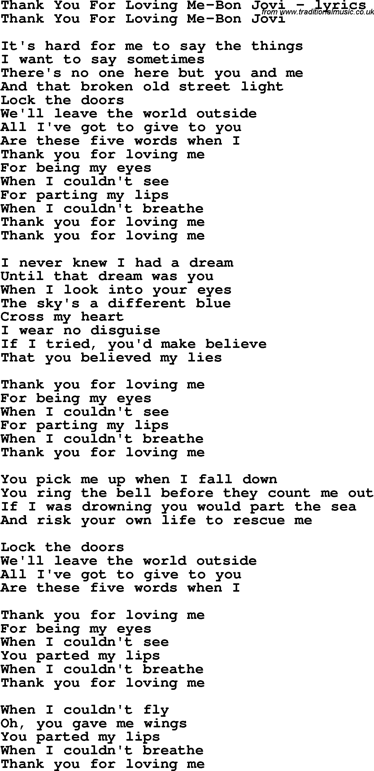 Love Song Lyrics for: Thank You For Loving Me-Bon Jovi