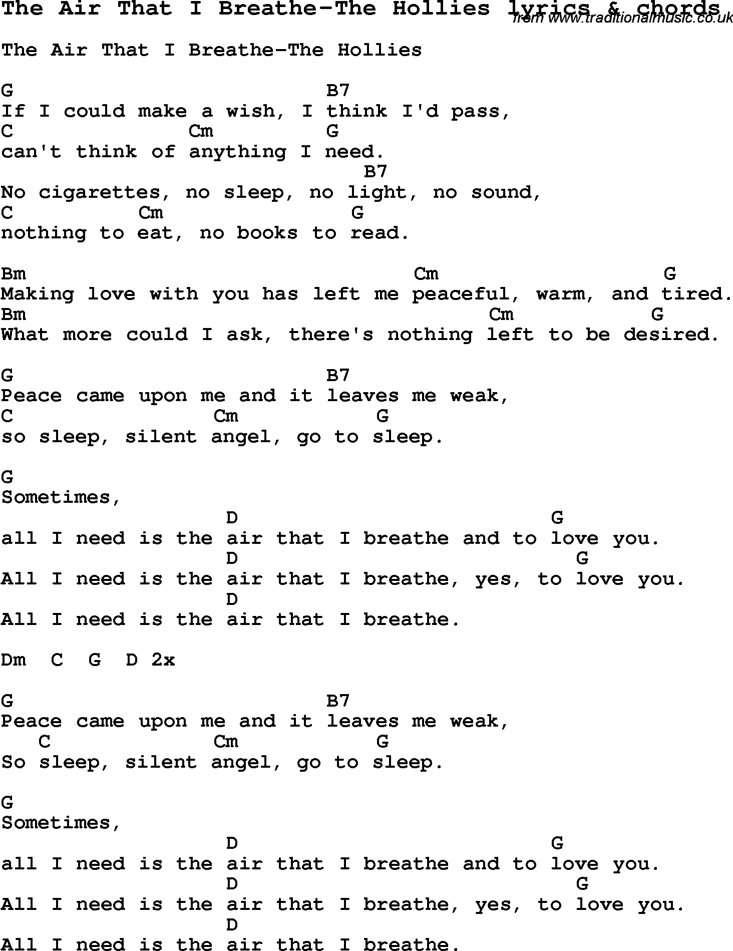 Love Song Lyrics for: The Air That I Breathe-The Hollies with chords for Ukulele, Guitar Banjo etc.