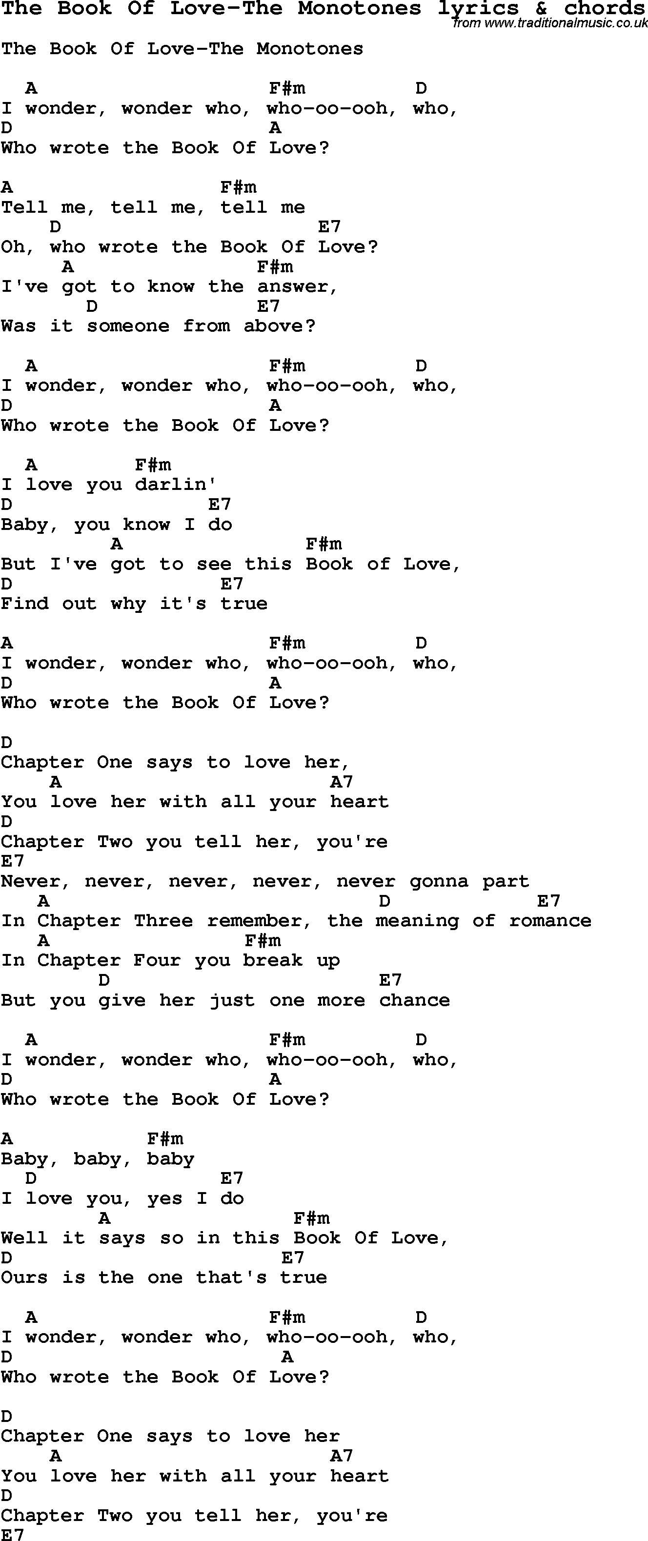 Love Song Lyrics for: The Book Of Love-The Monotones with chords for Ukulele, Guitar Banjo etc.