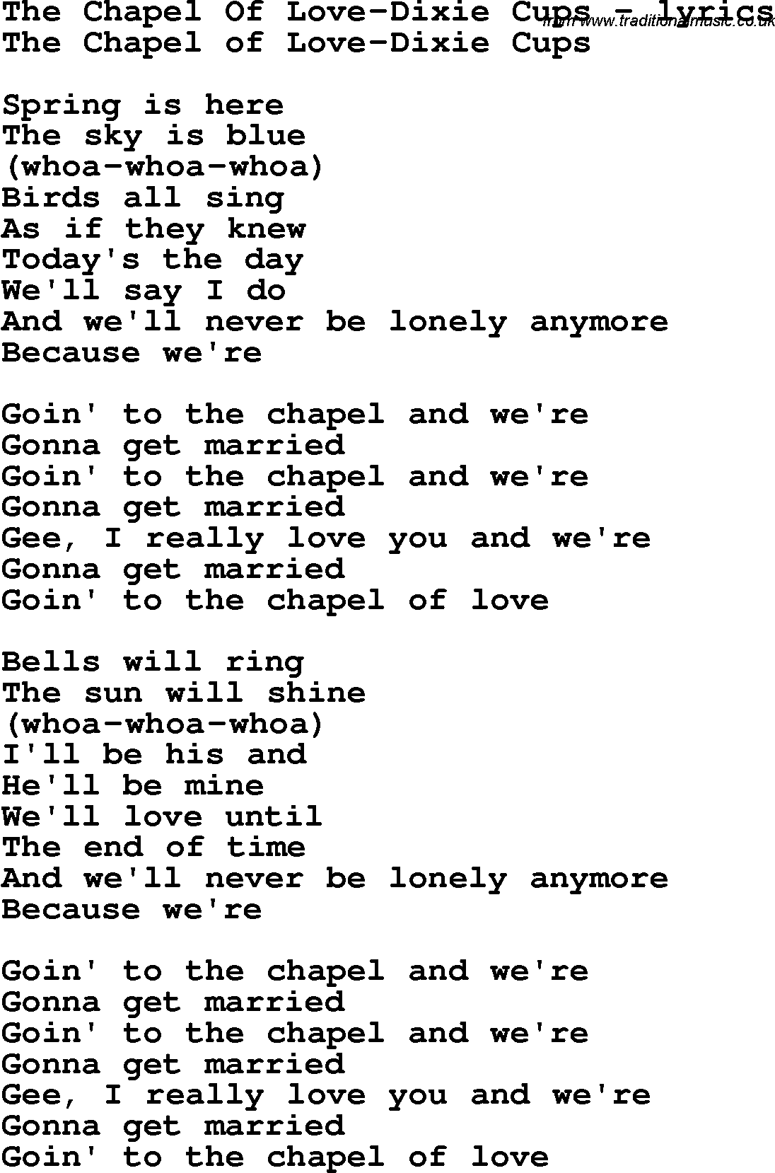 Love Song Lyrics for: The Chapel Of Love-Dixie Cups