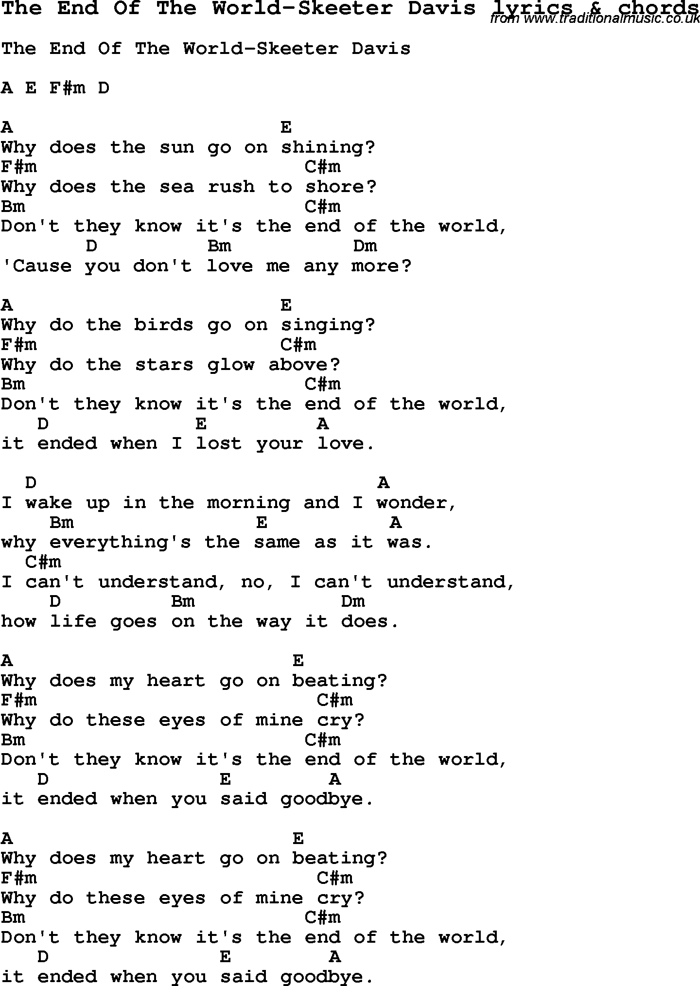 Love Song Lyrics for: The End Of The World-Skeeter Davis with chords for Ukulele, Guitar Banjo etc.