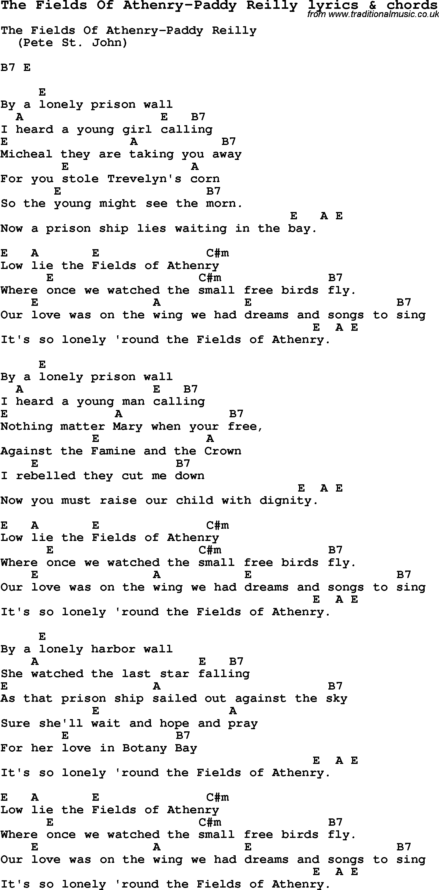 Love Song Lyrics for: The Fields Of Athenry-Paddy Reilly with chords for Ukulele, Guitar Banjo etc.