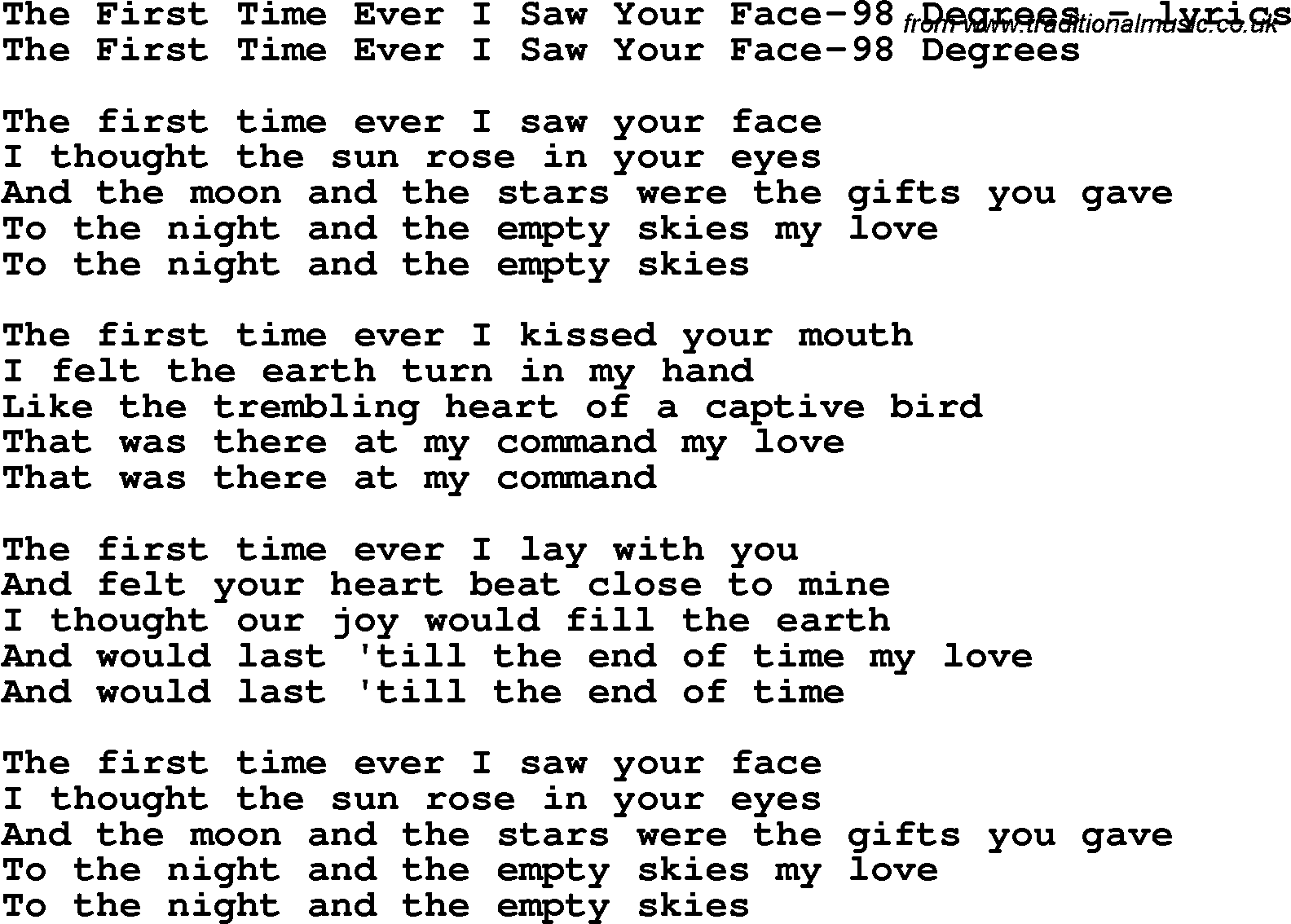 Love Song Lyrics for: The First Time Ever I Saw Your Face-98 Degrees