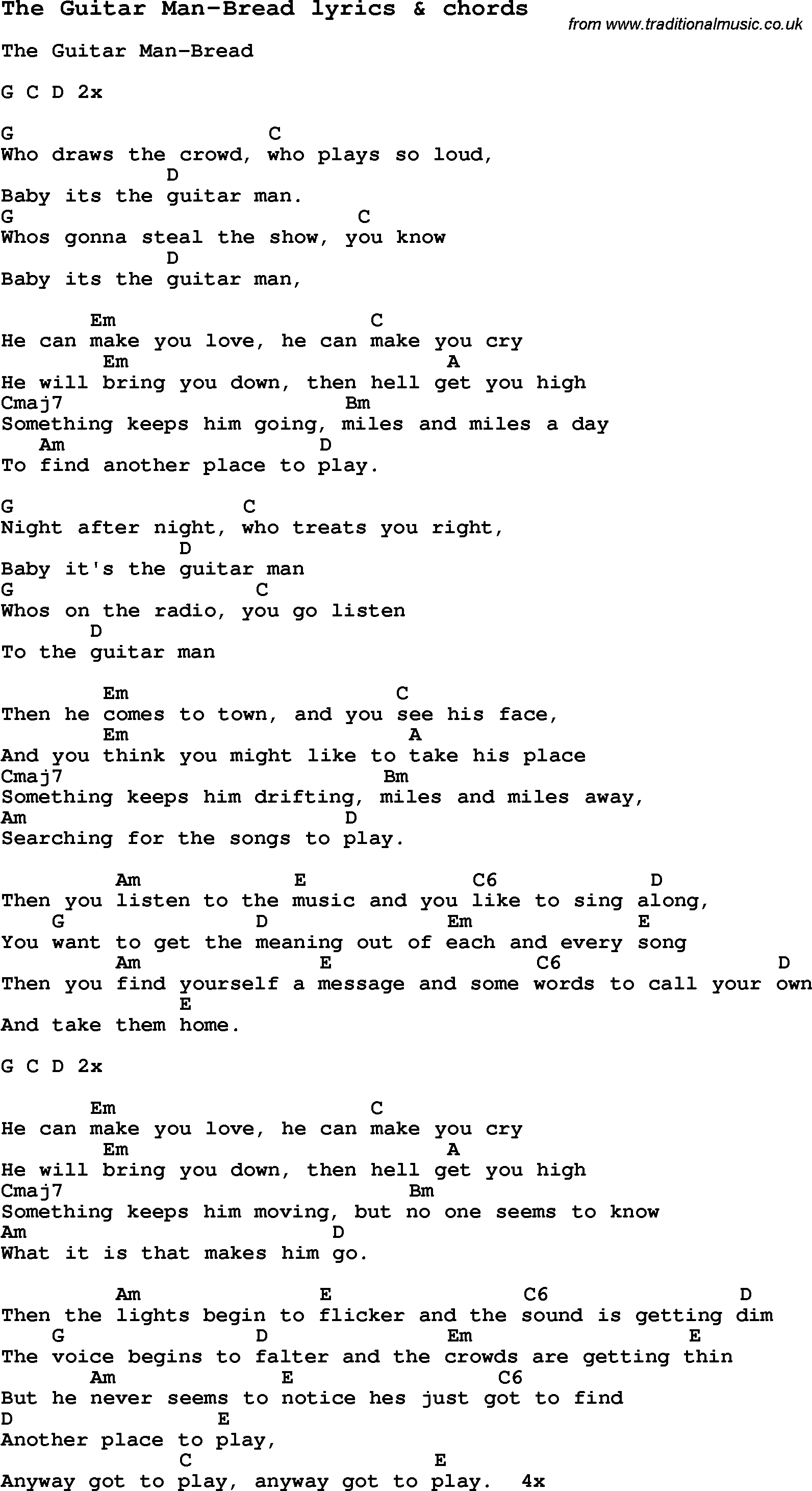 Love Song Lyrics for: The Guitar Man-Bread with chords for Ukulele, Guitar Banjo etc.