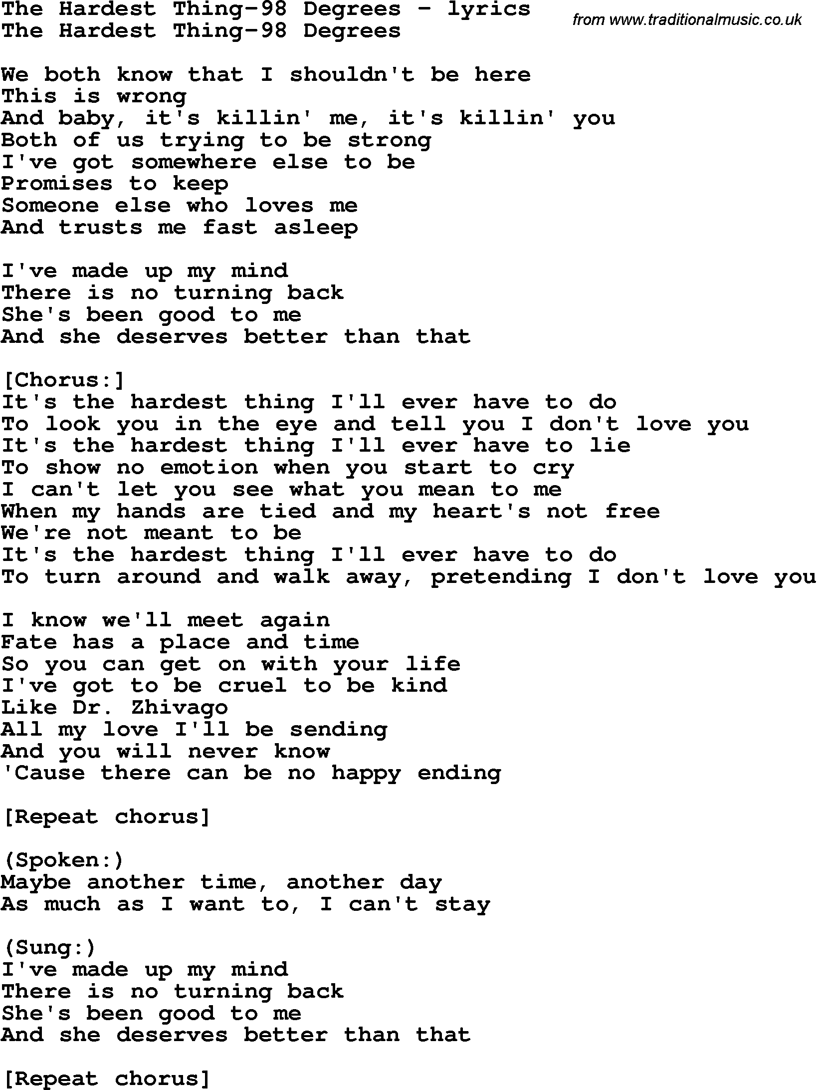 Love Song Lyrics for: The Hardest Thing-98 Degrees