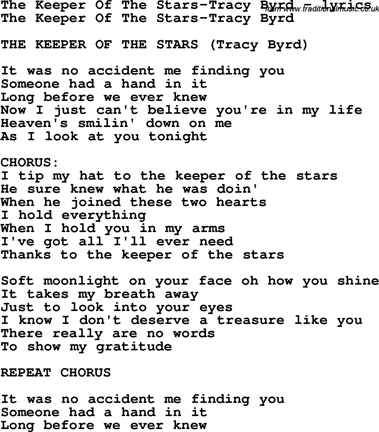 Love Song Lyrics for: The Keeper Of The Stars-Tracy Byrd