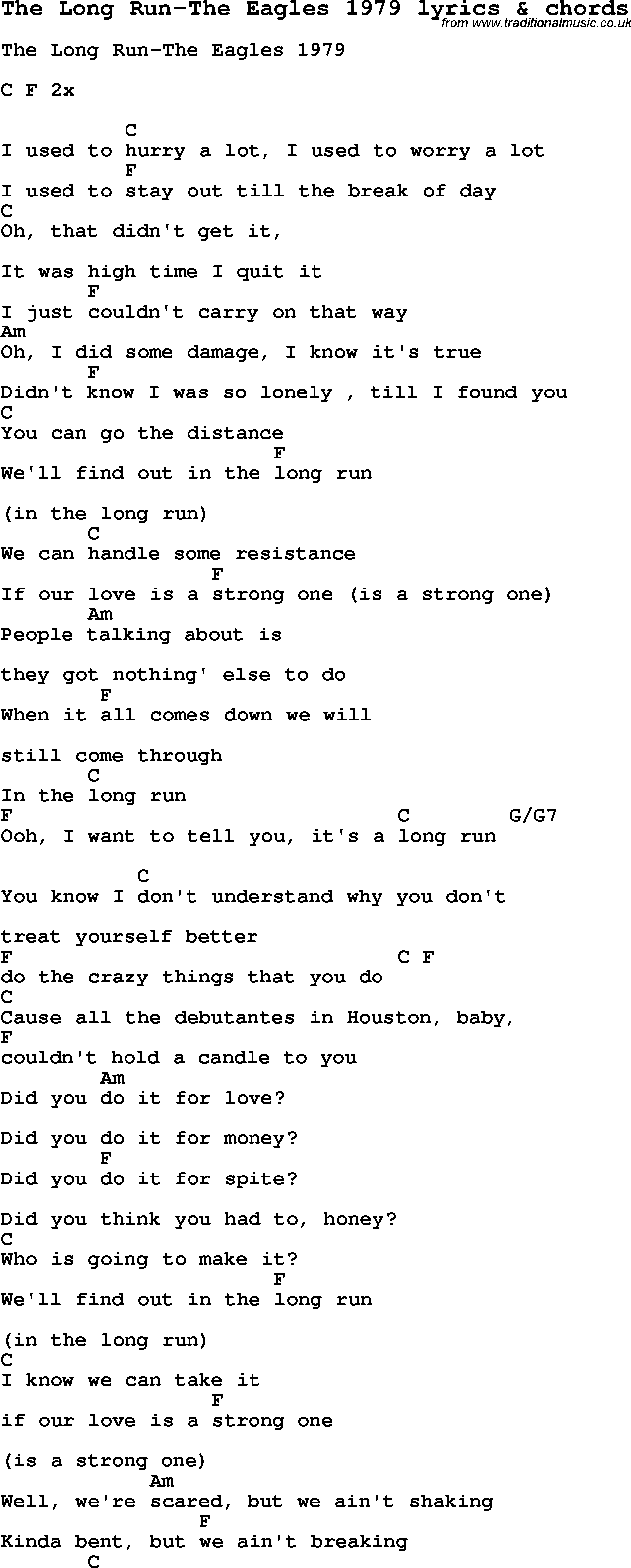 Love Song Lyrics for: The Long Run-The Eagles 1979 with chords for Ukulele, Guitar Banjo etc.
