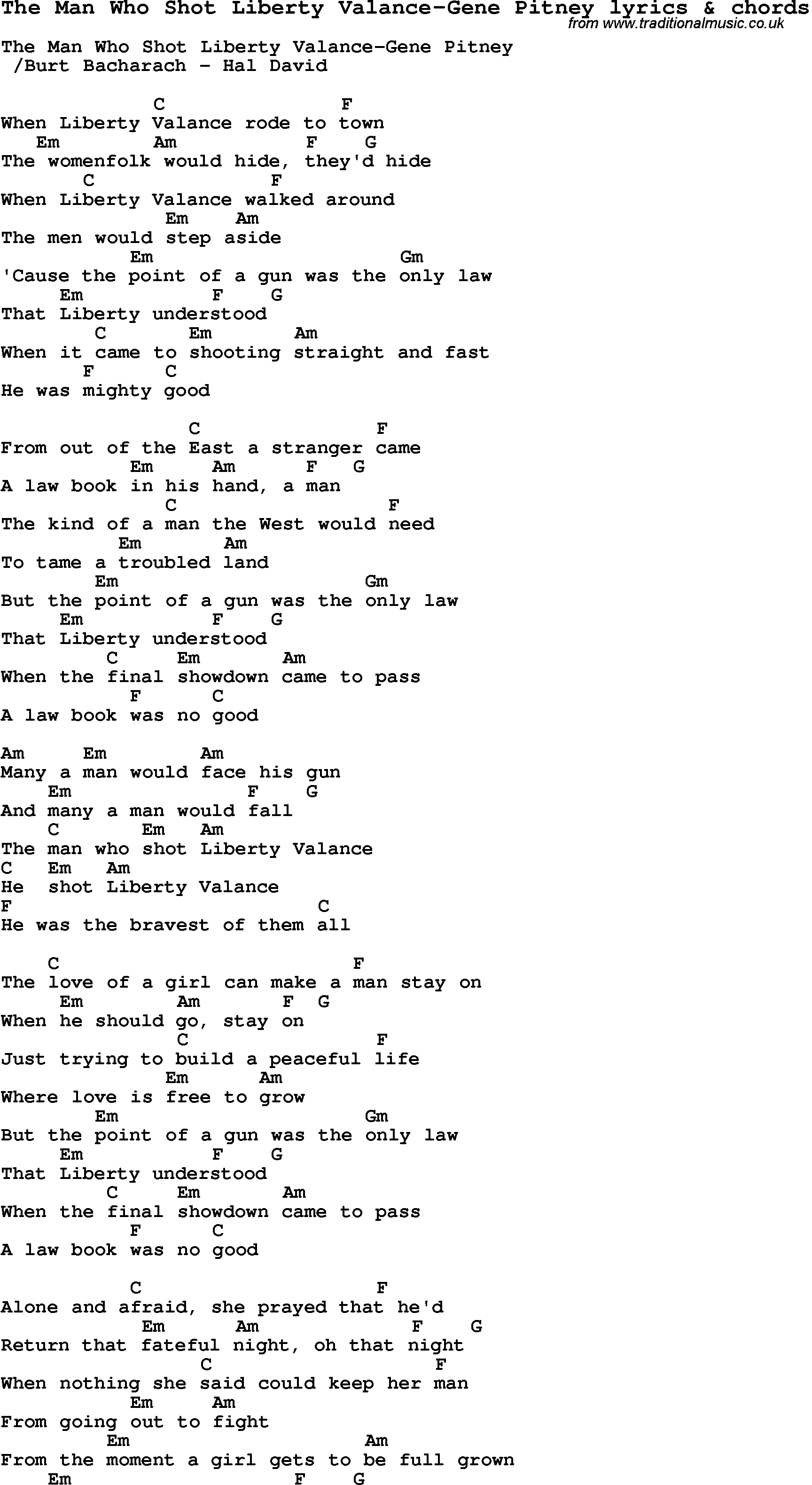Love Song Lyrics for: The Man Who Shot Liberty Valance-Gene Pitney with chords for Ukulele, Guitar Banjo etc.