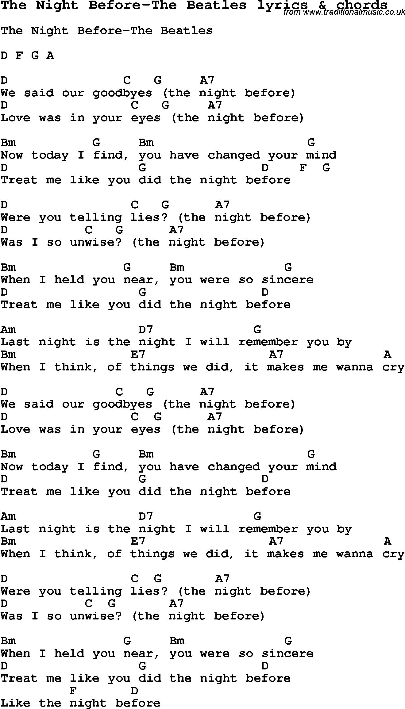 Love Song Lyrics for: The Night Before-The Beatles with chords for Ukulele, Guitar Banjo etc.