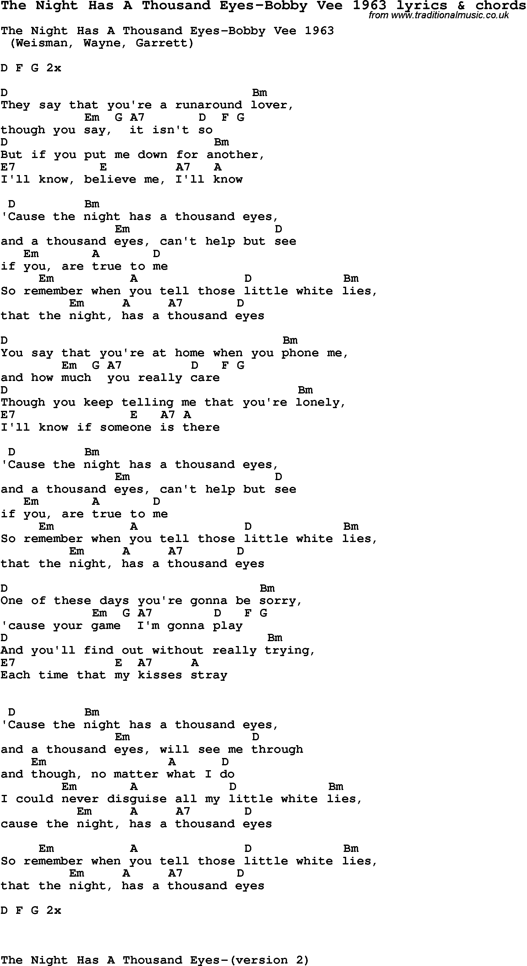 Love Song Lyrics for: The Night Has A Thousand Eyes-Bobby Vee 1963 with chords for Ukulele, Guitar Banjo etc.