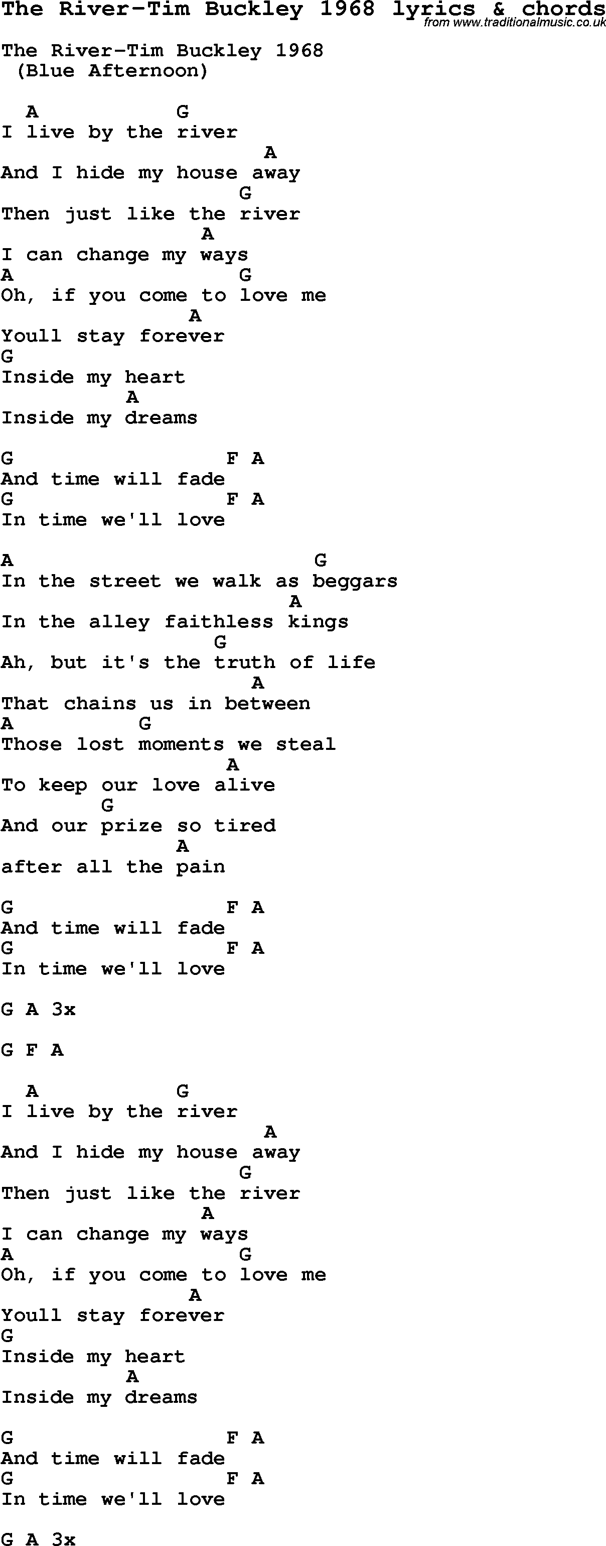 Love Song Lyrics for: The River-Tim Buckley 1968 with chords for Ukulele, Guitar Banjo etc.