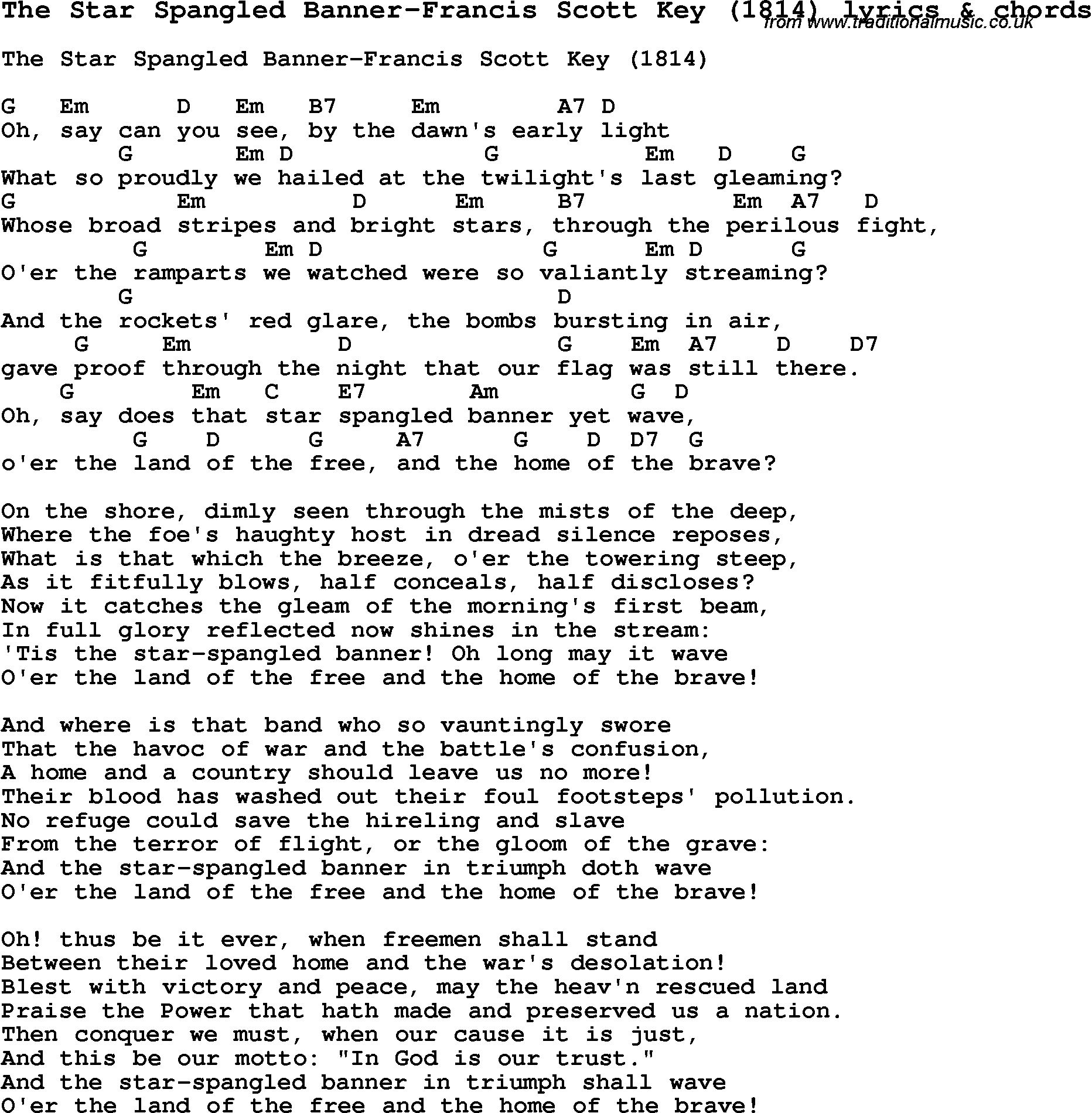 Love Song Lyrics for: The Star Spangled Banner-Francis Scott Key (1814) with chords for Ukulele, Guitar Banjo etc.