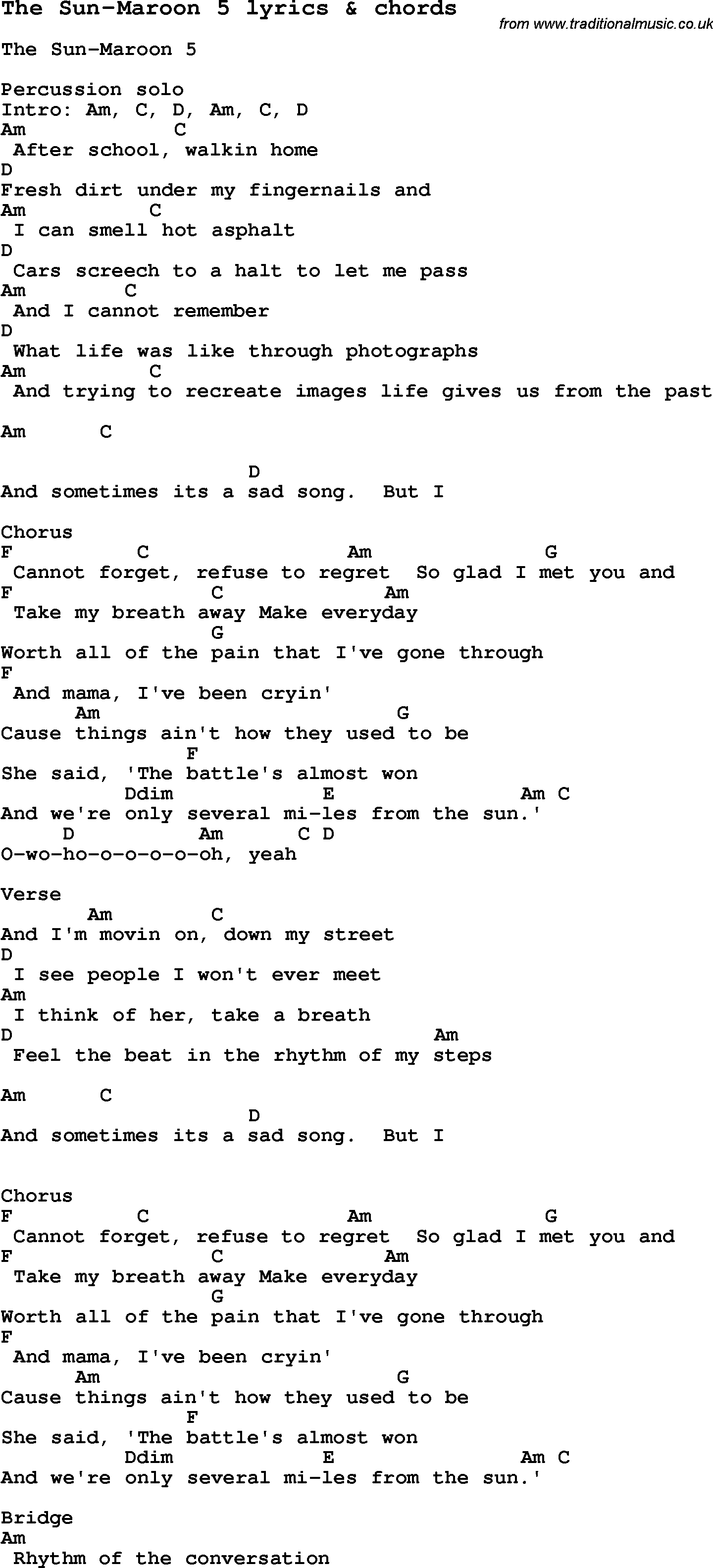 Love Song Lyrics for: The Sun-Maroon 5 with chords for Ukulele, Guitar Banjo etc.