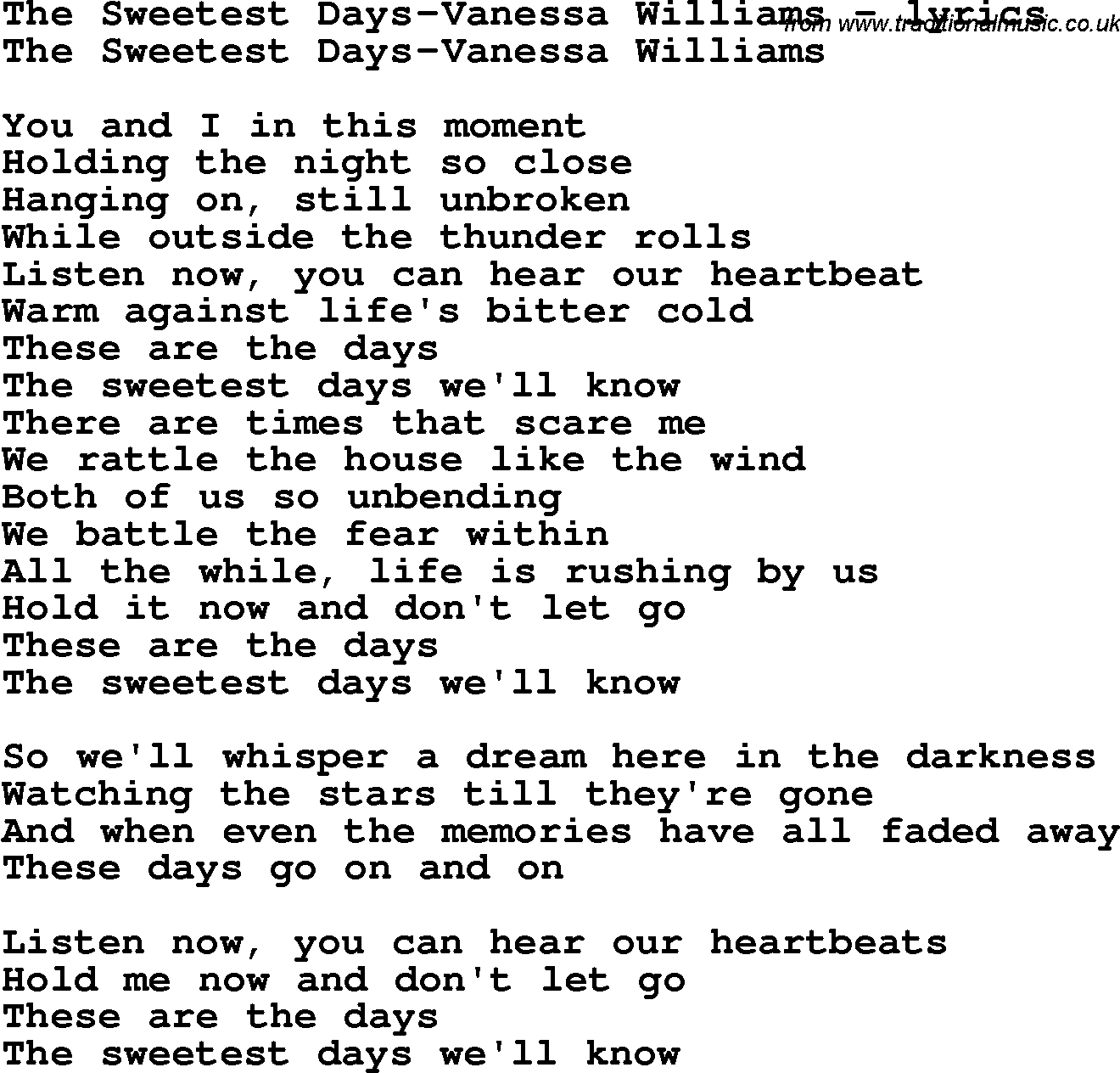 Love Song Lyrics for: The Sweetest Days-Vanessa Williams