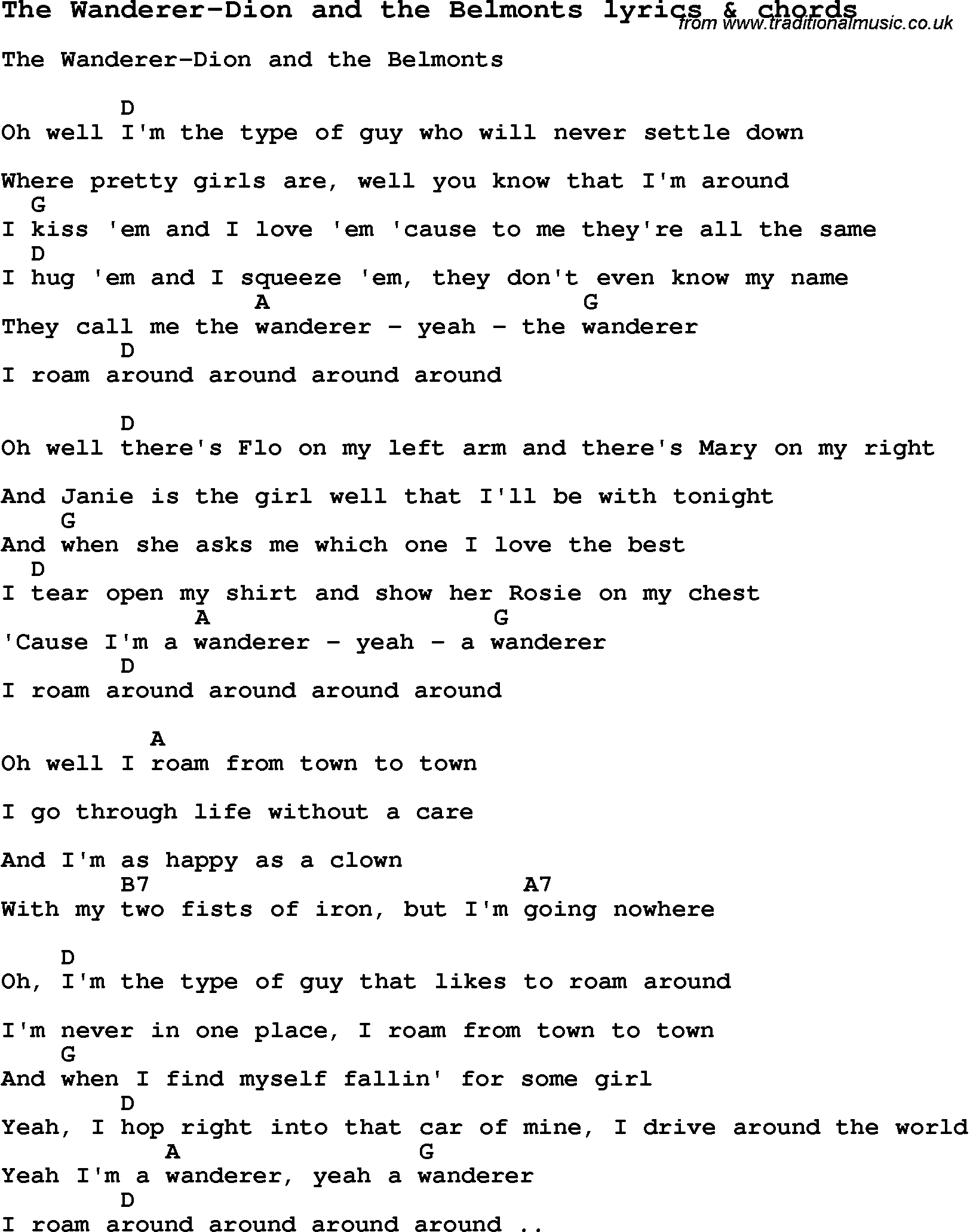 Love Song Lyrics for: The Wanderer-Dion and the Belmonts with chords for Ukulele, Guitar Banjo etc.