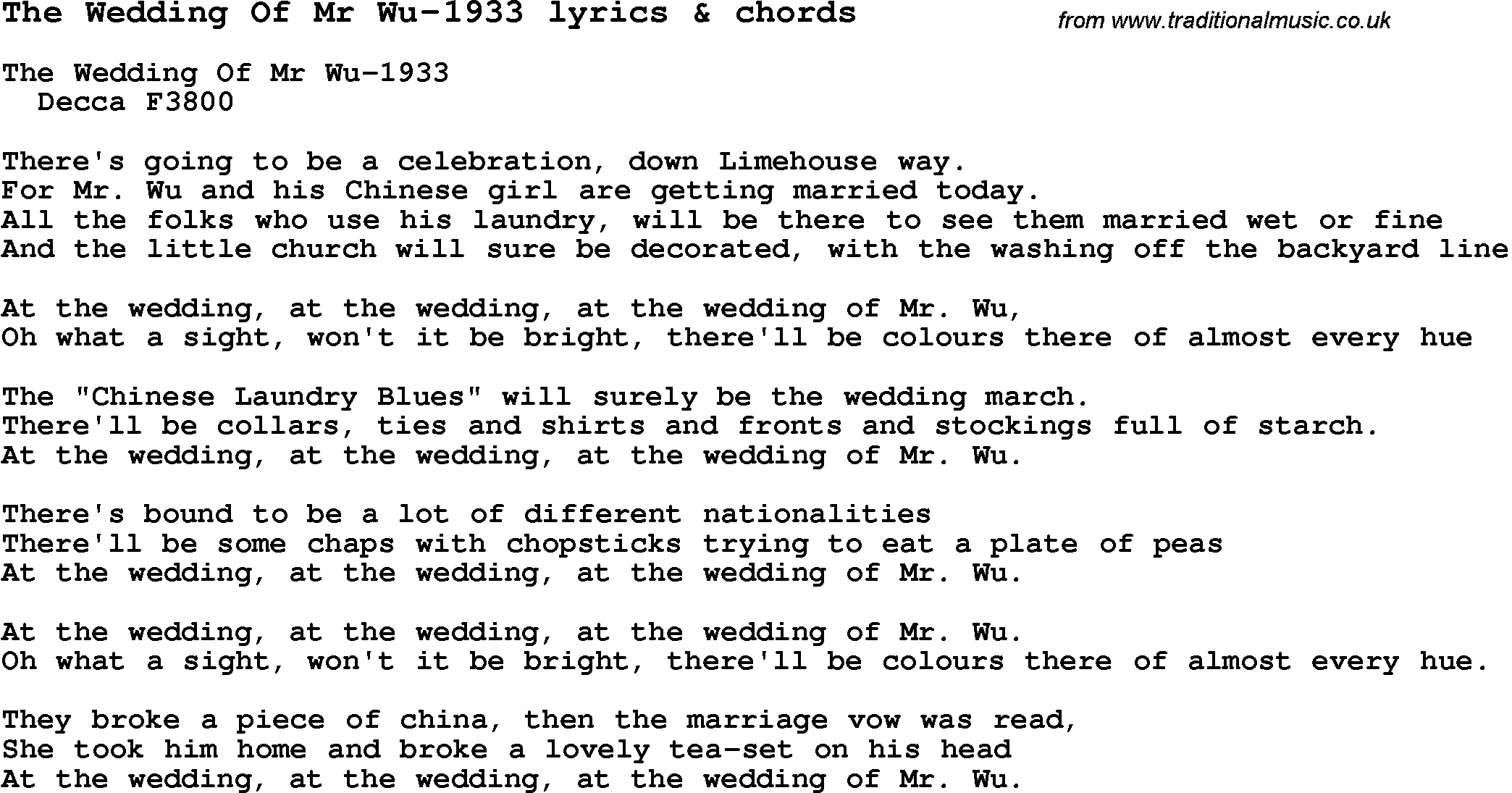 Love Song Lyrics for: The Wedding Of Mr Wu-1933 with chords for Ukulele, Guitar Banjo etc.