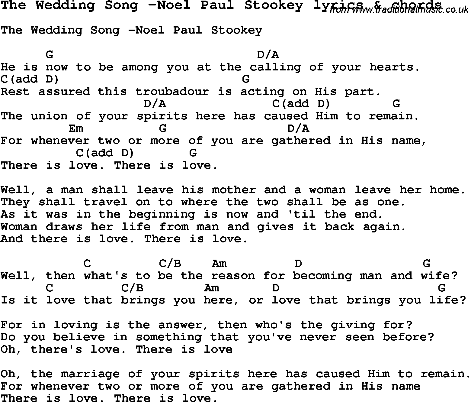 Love Song Lyrics for: The Wedding Song -Noel Paul Stookey with chords for Ukulele, Guitar Banjo etc.