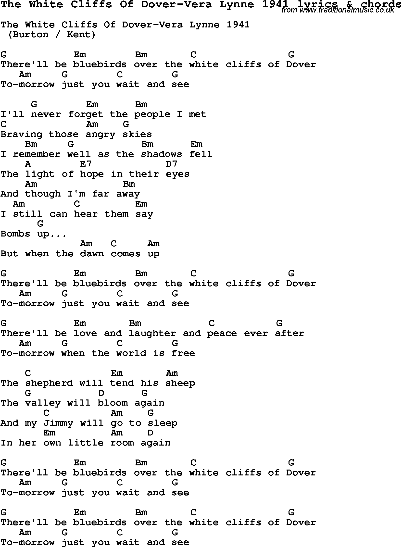 Love Song Lyrics for: The White Cliffs Of Dover-Vera Lynne 1941 with chords for Ukulele, Guitar Banjo etc.