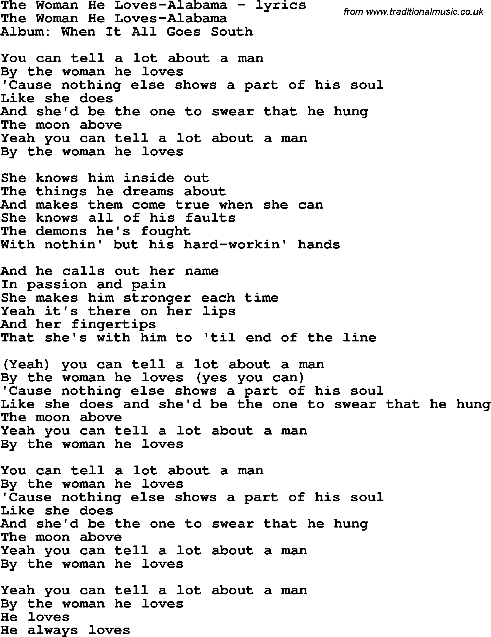 Love Song Lyrics for: The Woman He Loves-Alabama