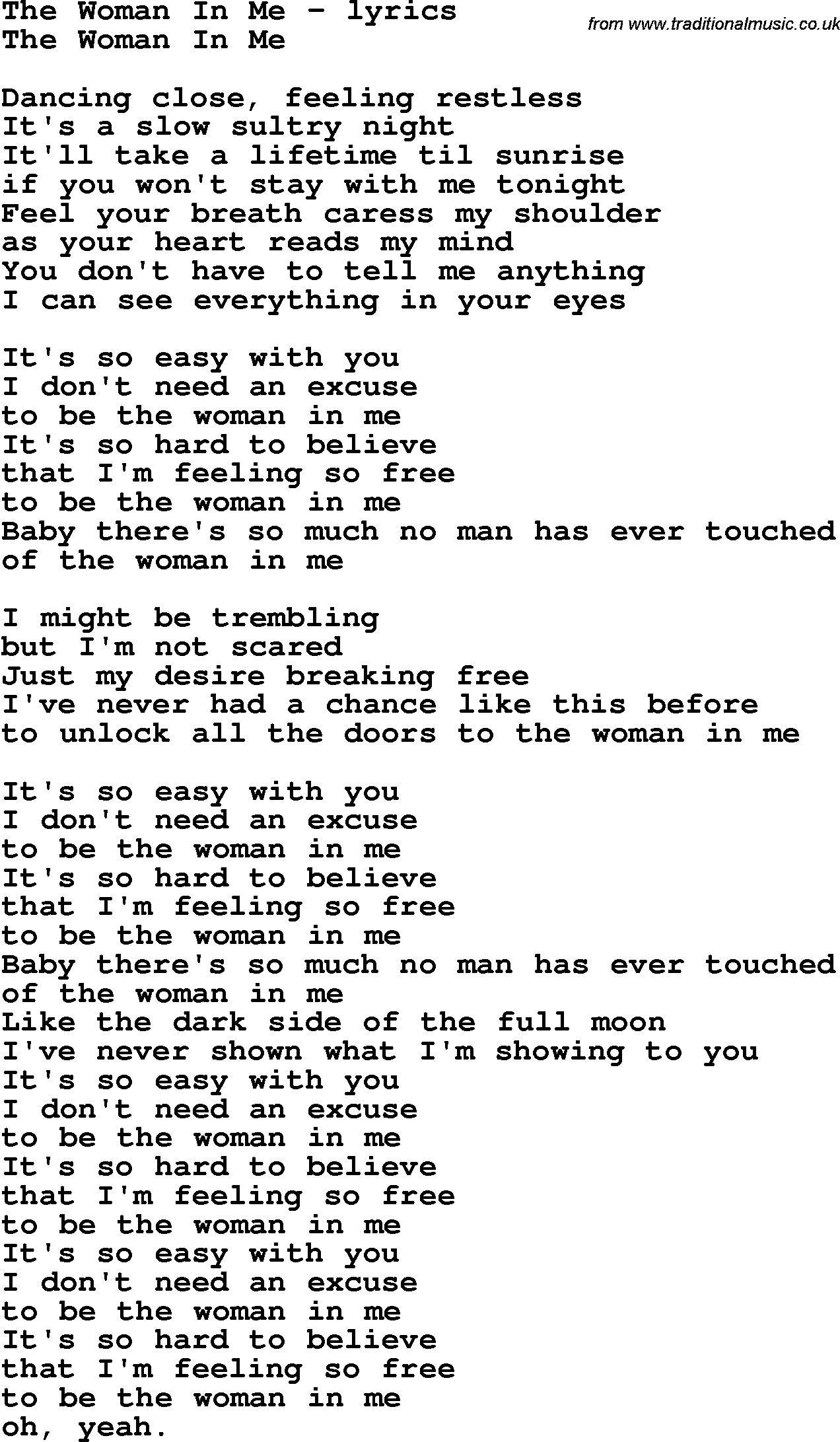 Love Song Lyrics for: The Woman In Me