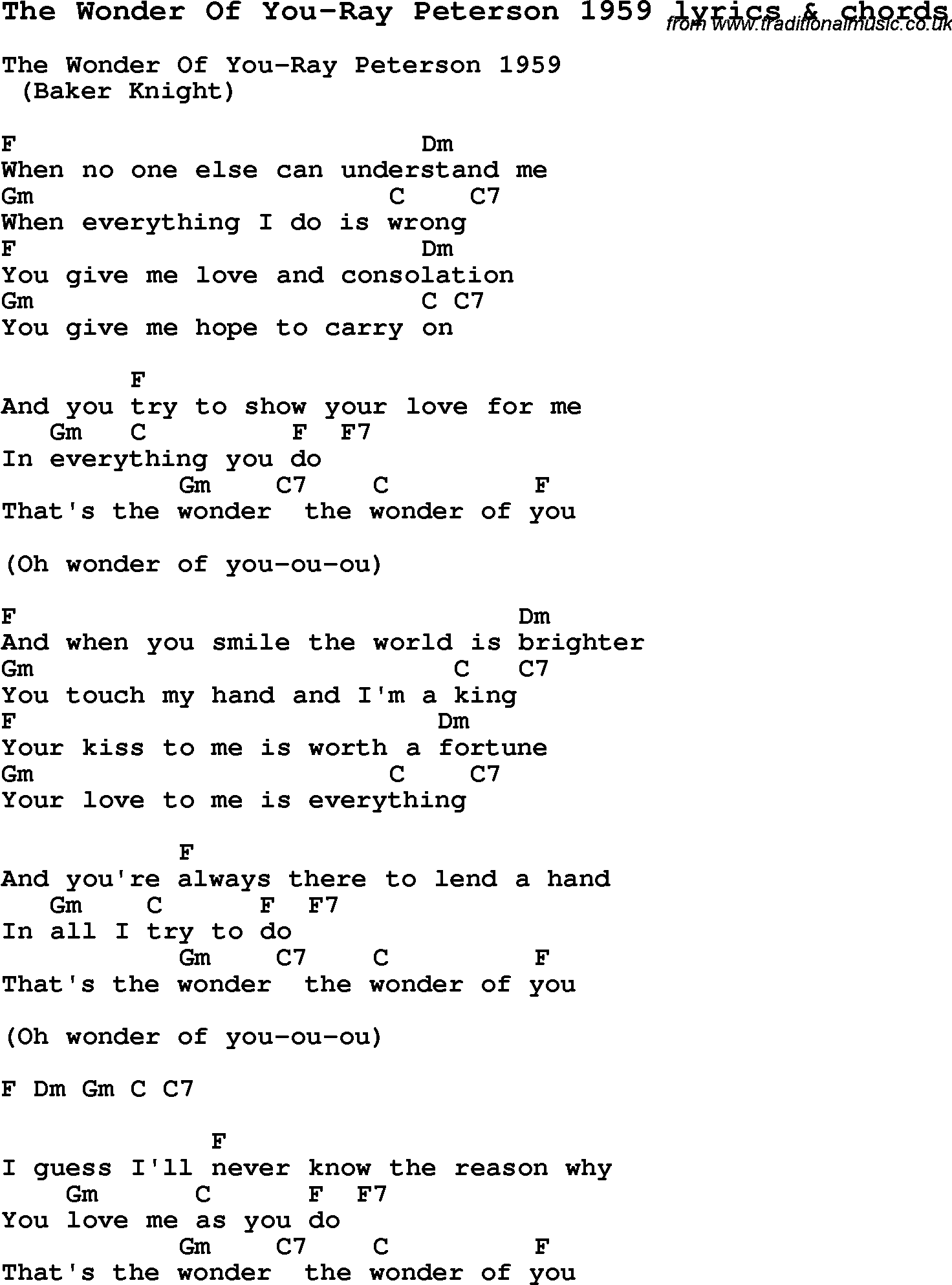 Love Song Lyrics for: The Wonder Of You-Ray Peterson 1959 with chords for Ukulele, Guitar Banjo etc.
