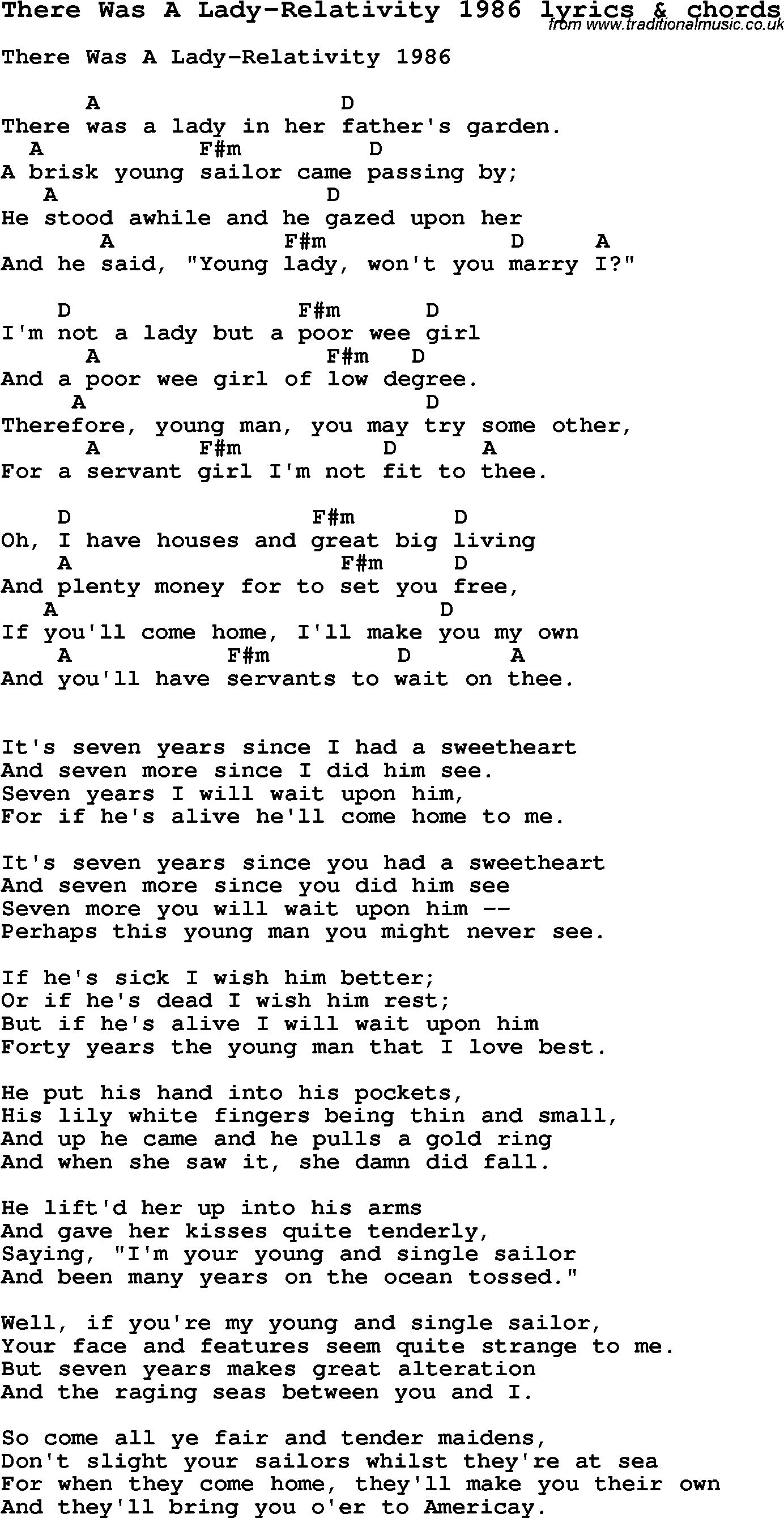 Love Song Lyrics for: There Was A Lady-Relativity 1986 with chords for Ukulele, Guitar Banjo etc.