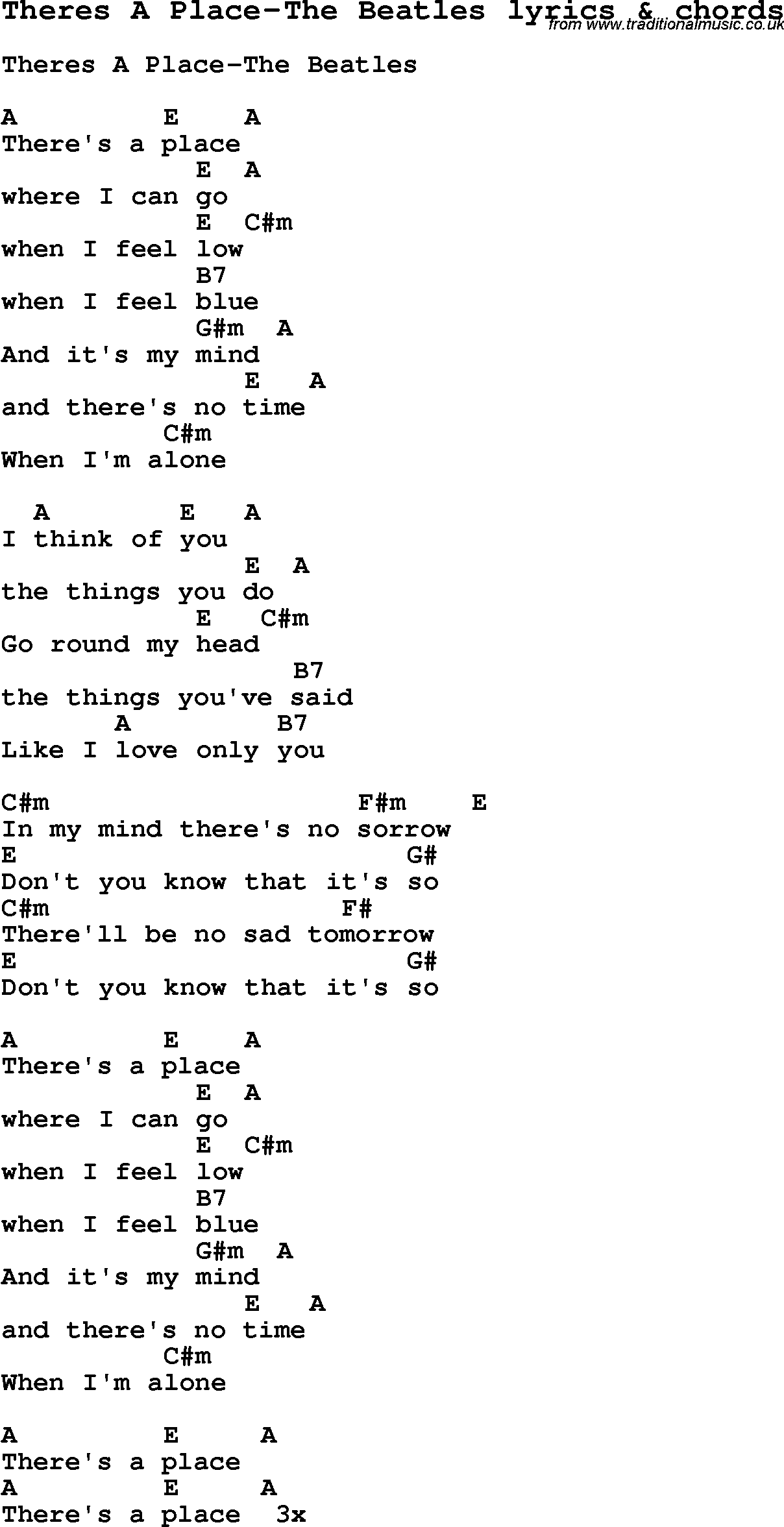 Love Song Lyrics for: Theres A Place-The Beatles with chords for Ukulele, Guitar Banjo etc.