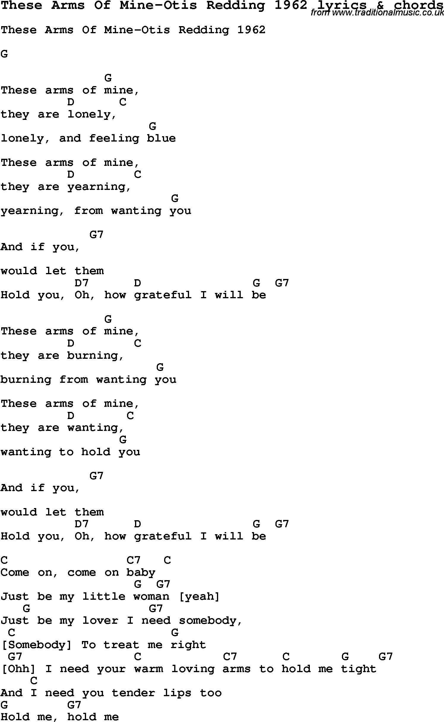 Love Song Lyrics for: These Arms Of Mine-Otis Redding 1962 with chords for Ukulele, Guitar Banjo etc.