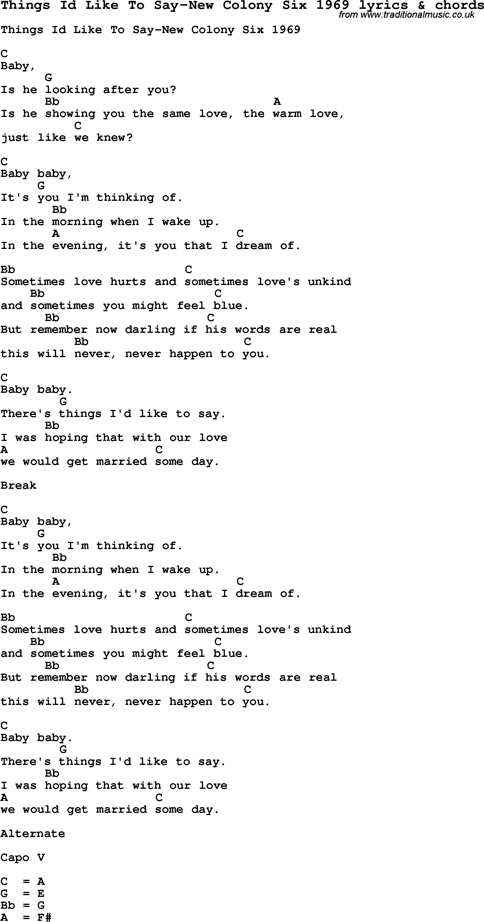 Love Song Lyrics for: Things Id Like To Say-New Colony Six 1969 with chords for Ukulele, Guitar Banjo etc.