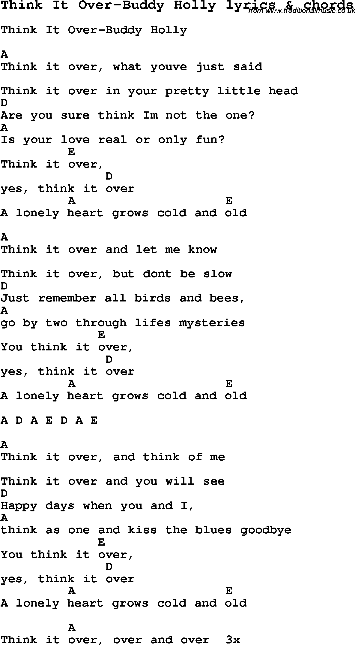 Love Song Lyrics for: Think It Over-Buddy Holly with chords for Ukulele, Guitar Banjo etc.