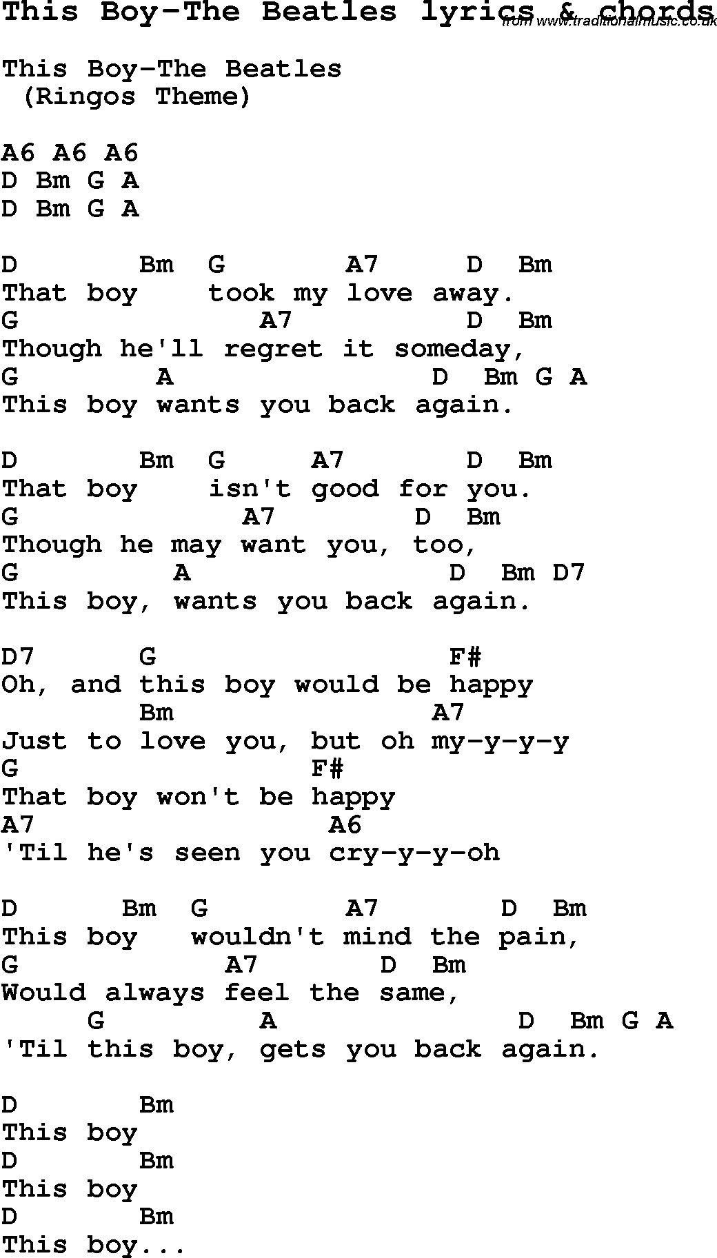 Love Song Lyrics for: This Boy-The Beatles with chords for Ukulele, Guitar Banjo etc.
